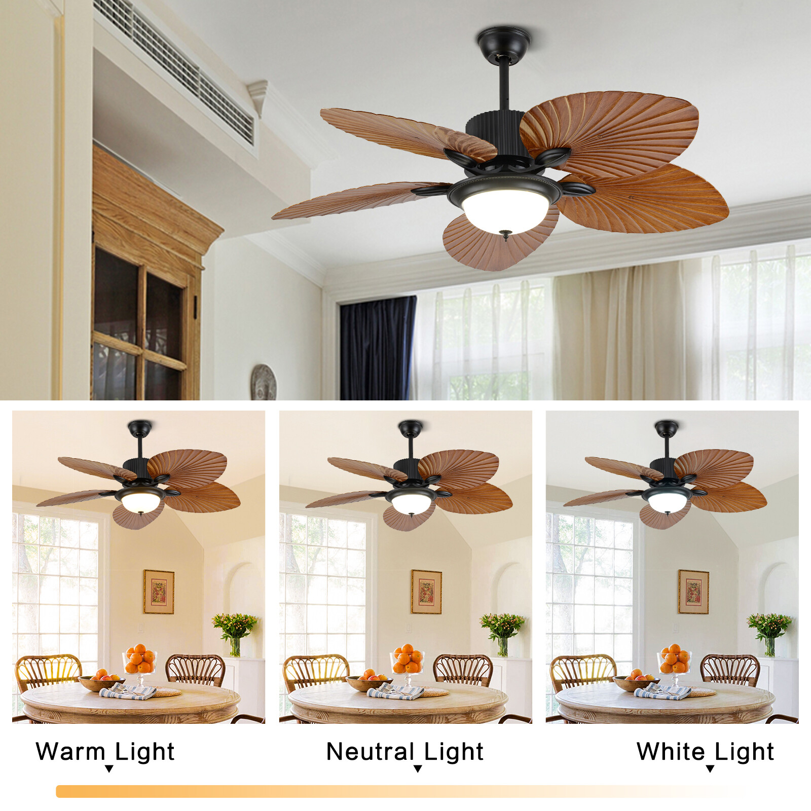 Ceiling Fan Light 52" Tropical Palm Leaf Blades Chandelier Dimmable & Remote