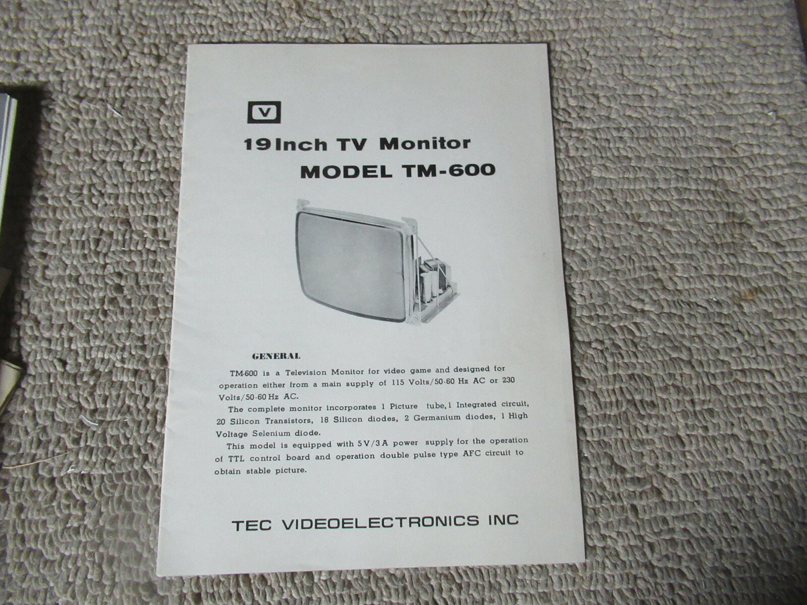 19'' tec videoelectronics tm-600    ARCADE GAME MONITOR MANUAL