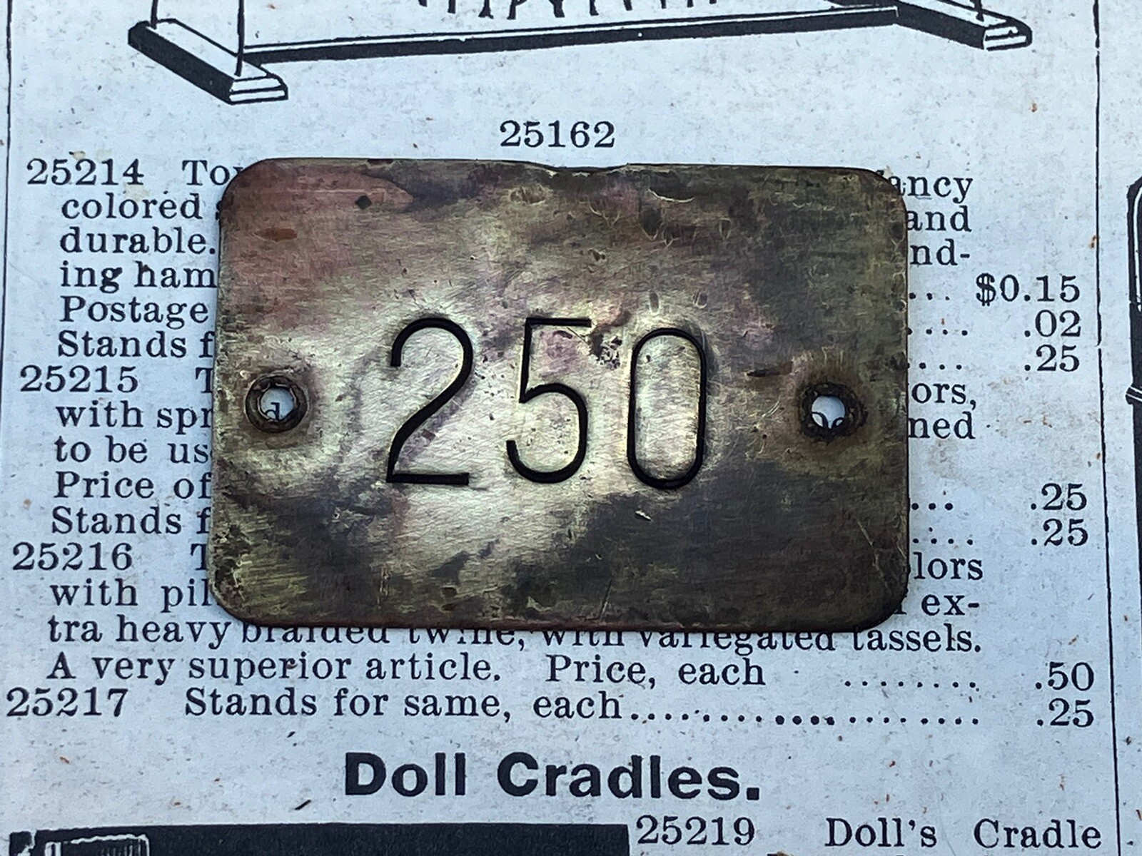 Antique Number 250 Tag Brass Metal Fob Vintage Furniture Tag Locker Tag Charm