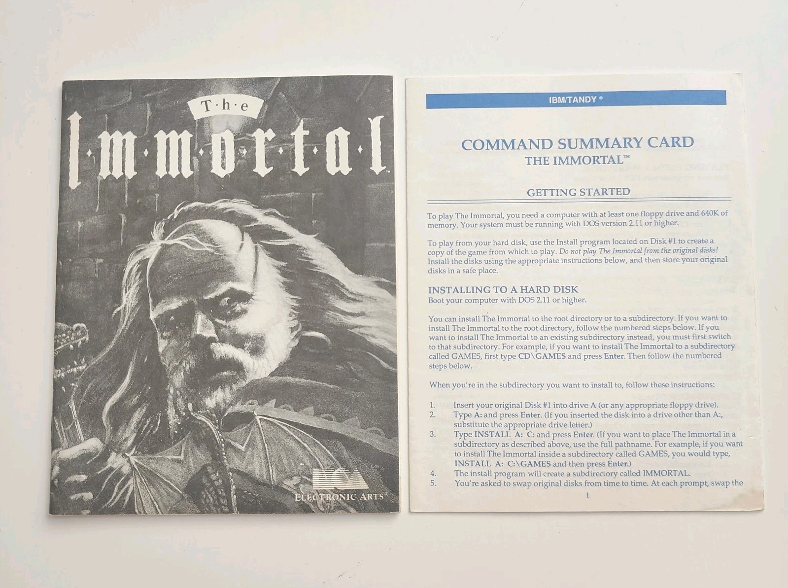 The Immortal by Will Harvey Manual & Command Card ONLY (Electronic Arts, 1990)