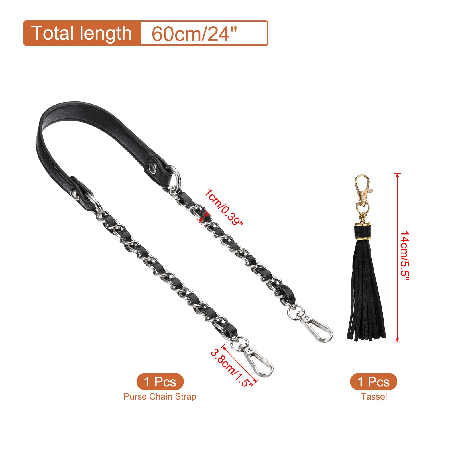 24 Inch Purse Chain Strap Purse Strap Replacement with Tassel Black/Silver