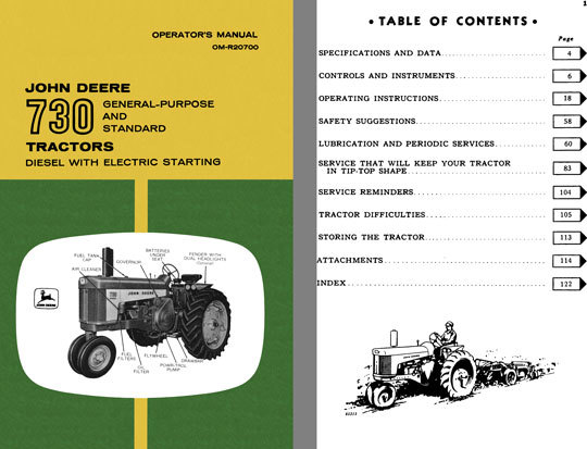 John Deere 730 Tractors Diesel with Electric Starting Operators Manual OM-R20700
