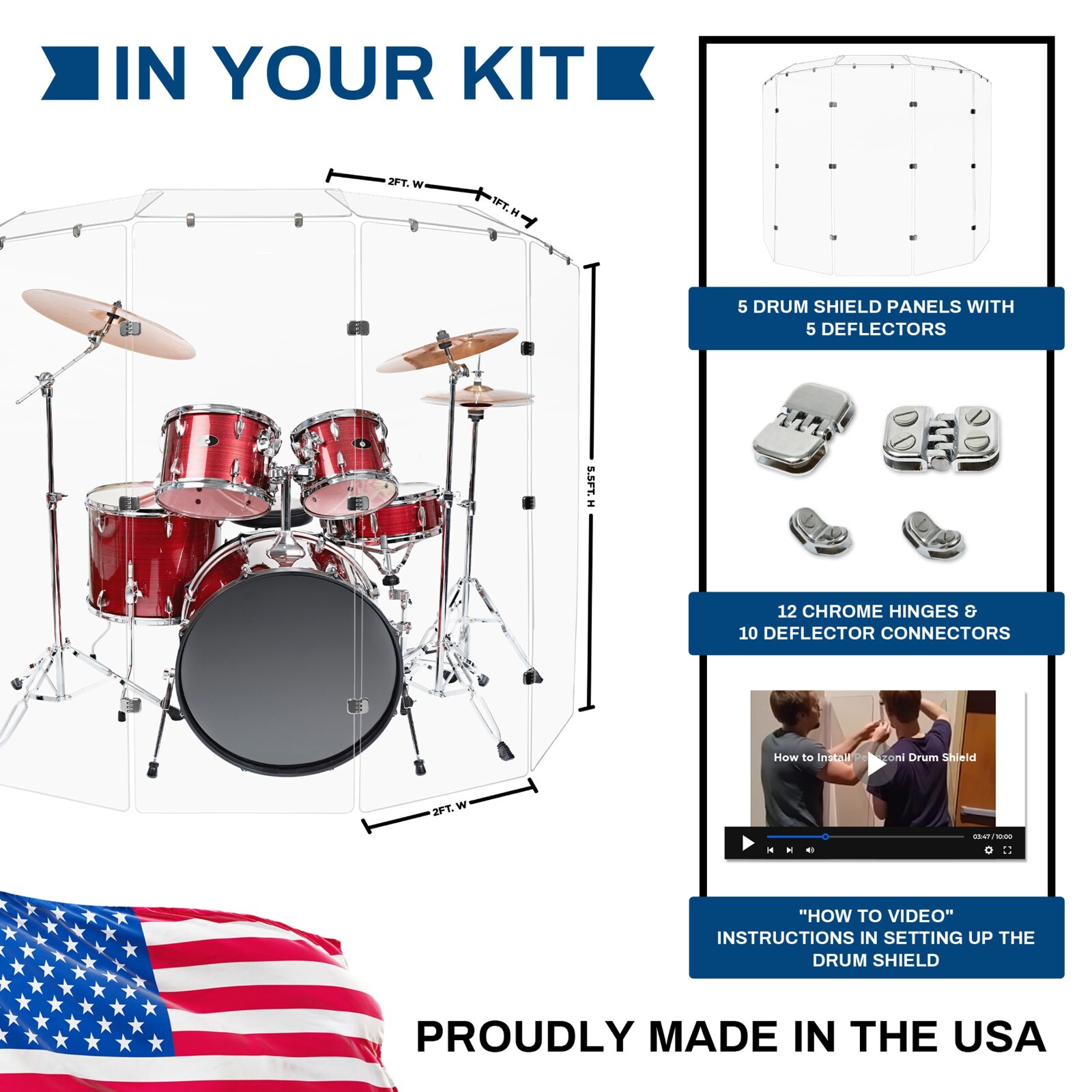 Drum Shield - 2 ft x 5.5 ft Drum Screen 5 Panels w/ Chrome Hinges and Deflectors