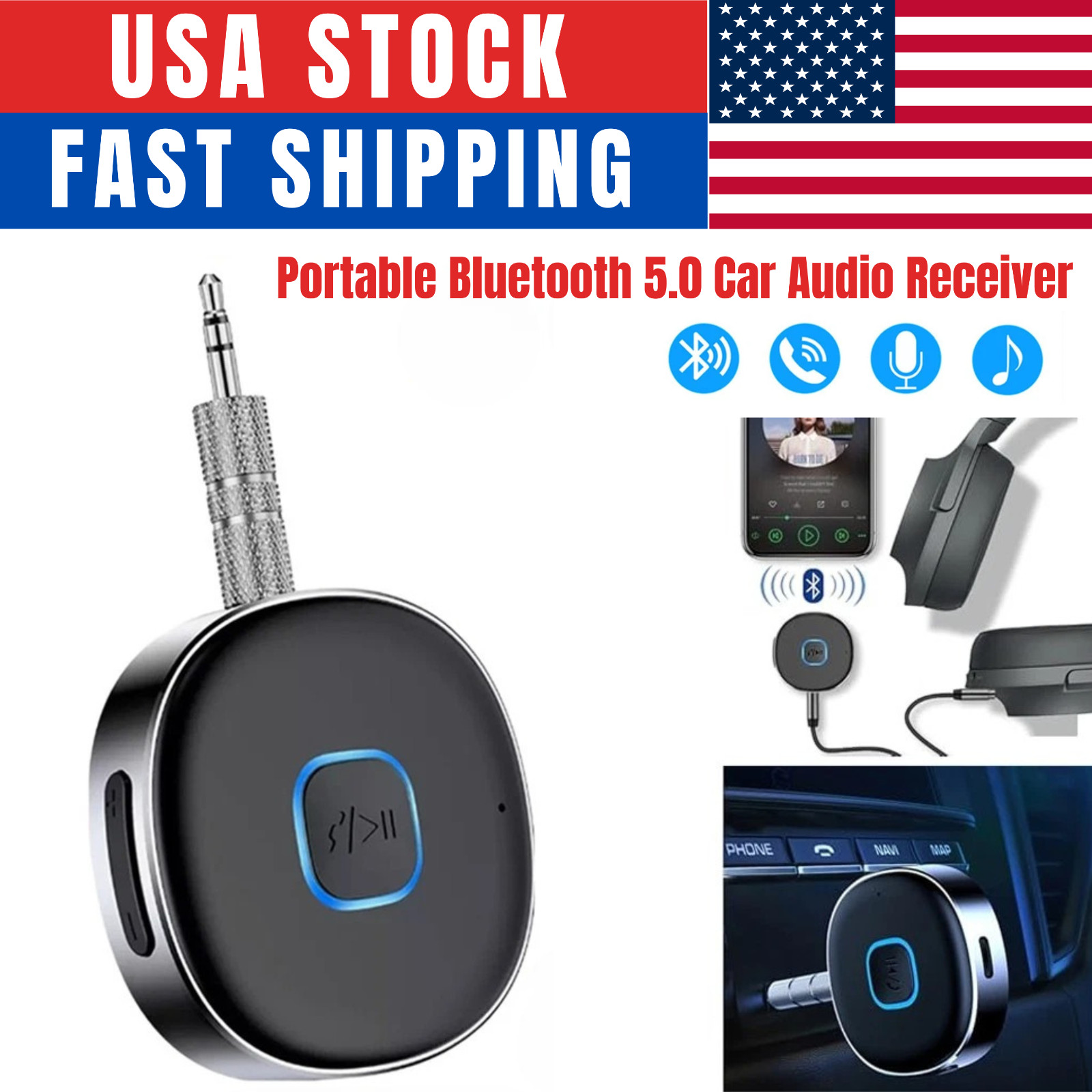 Portable Bluetooth Receiver 3.5mm Aux Car Adapter for Car, Home, Stereo, Speaker
