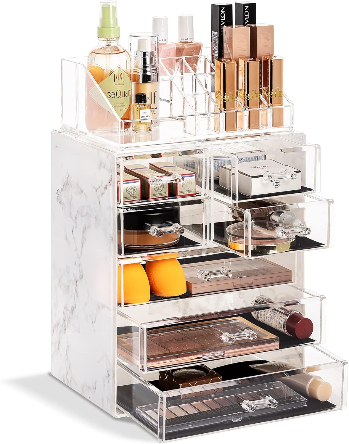 Cosmetic Makeup Organizer with 7 Drawers and 16 Slots (Marble Design)