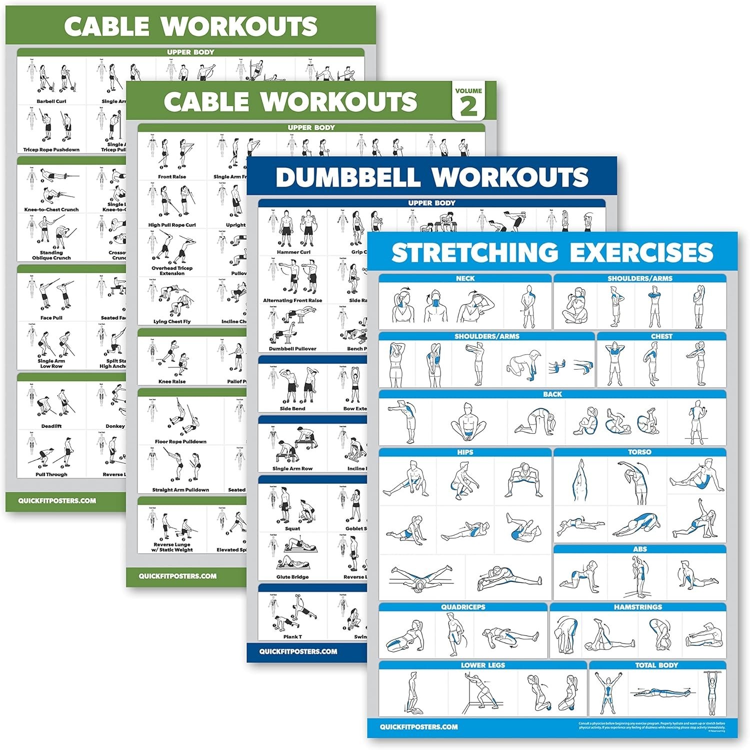 4 Pack-Cable Workout Posters+Dumbbell Exercises+Stretching Exercises 18" x 24"
