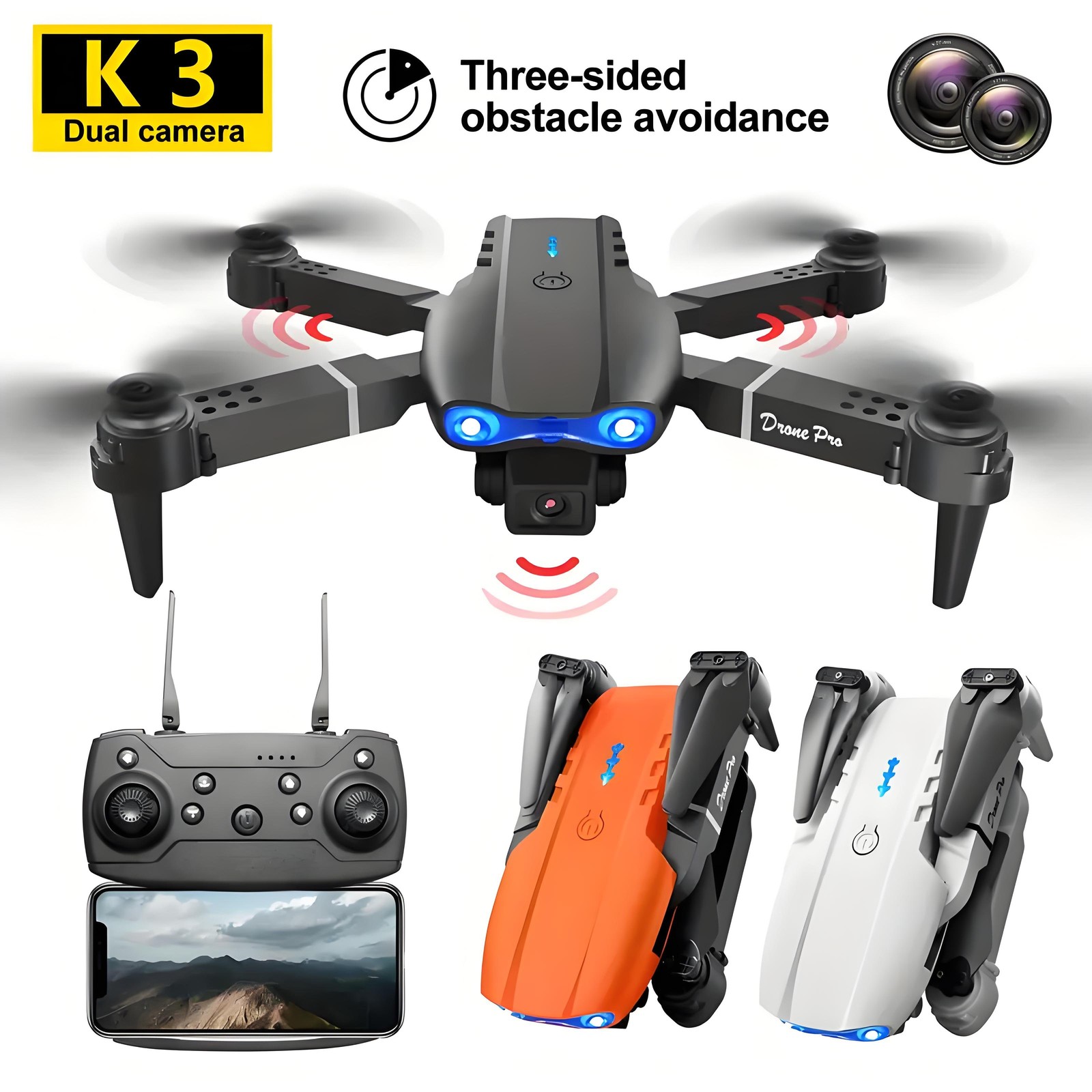 4K HD Camera Drone WiFi FPV RC Foldable Dual Camera with 1/2 Batteries