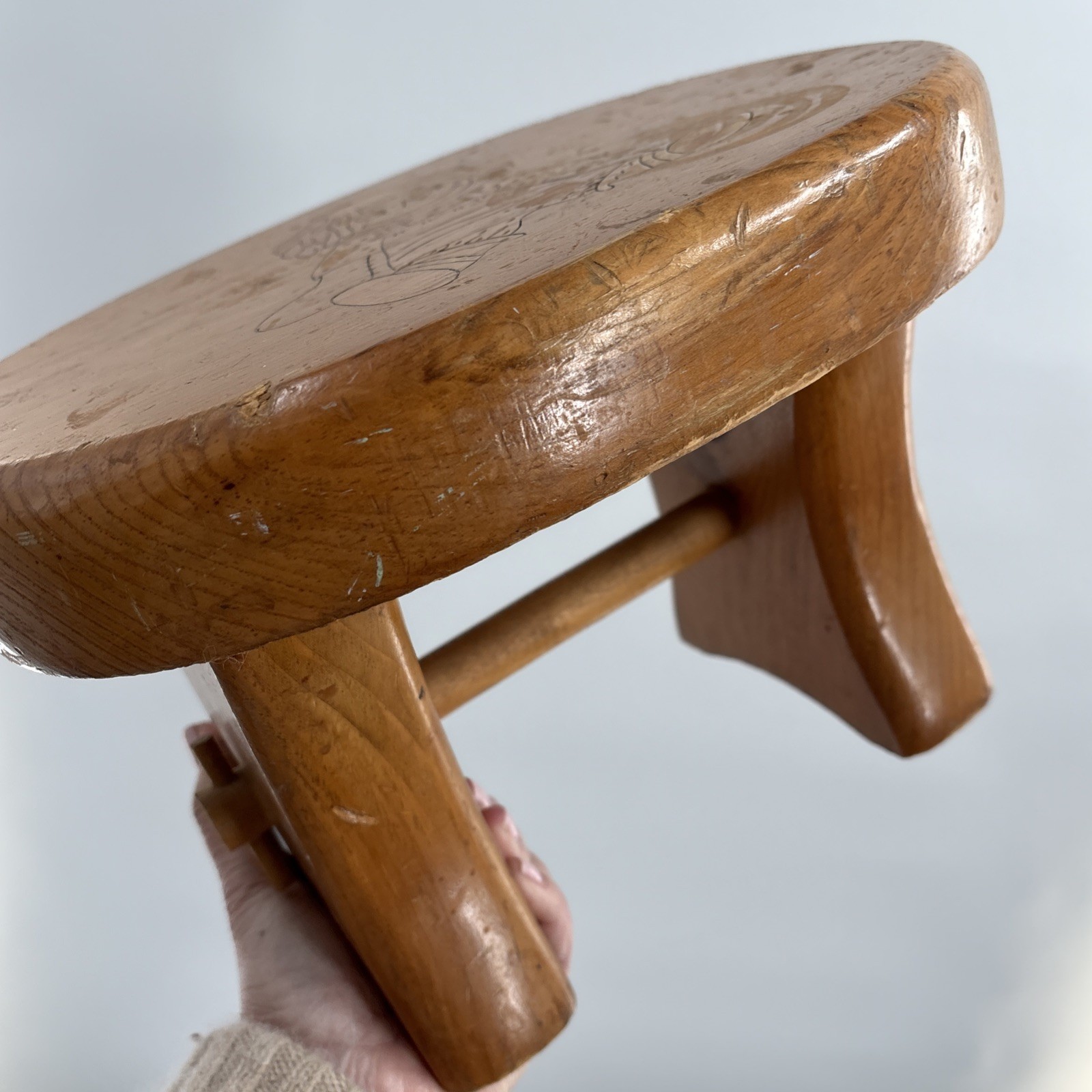 Handmade Wooden Child’s Step Stool Vintage Nursery Pyrography Raggedy Ann Chunky