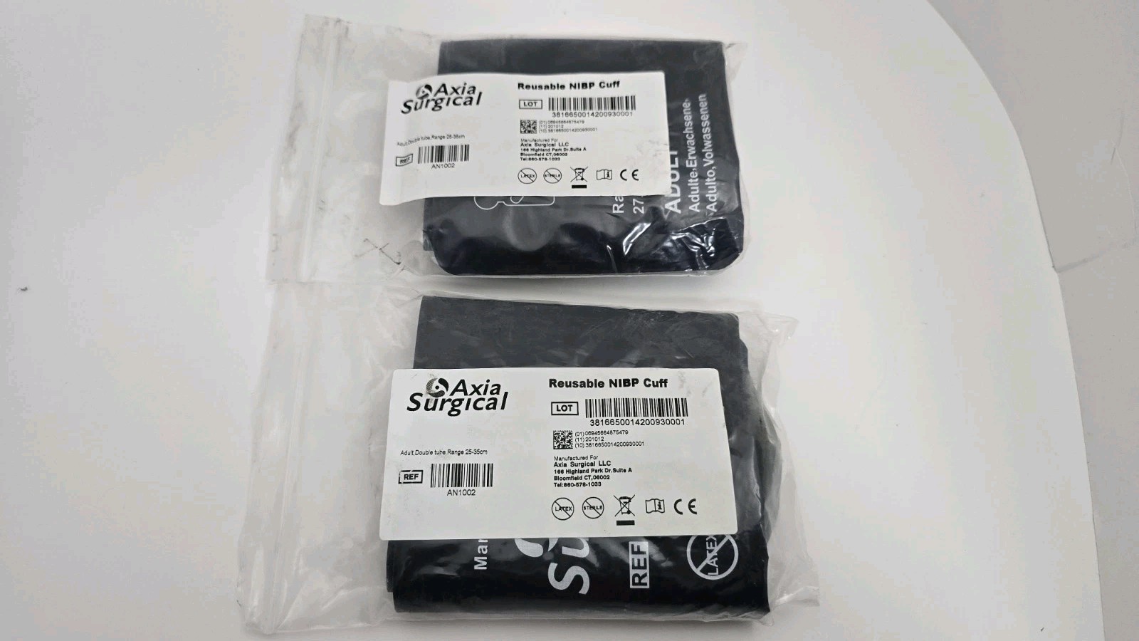 2X Axia Surgical AN1002 NIBP Cuff, Adult, Double tube, Range 27.5 to 36.5cm NEW!