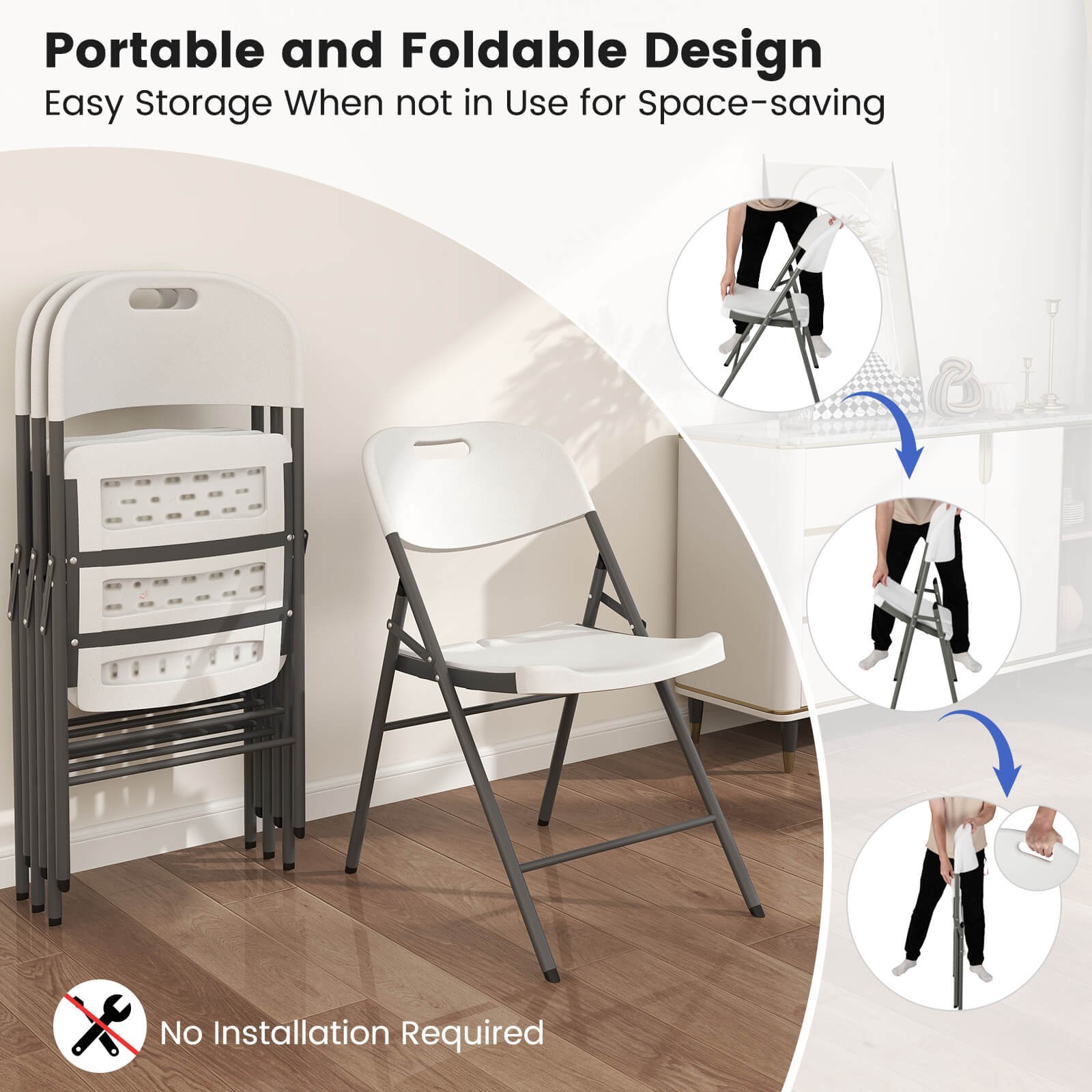 Folding Chairs Set of 12 HDPE Plastic Chairs with Metal Frame for Home Office