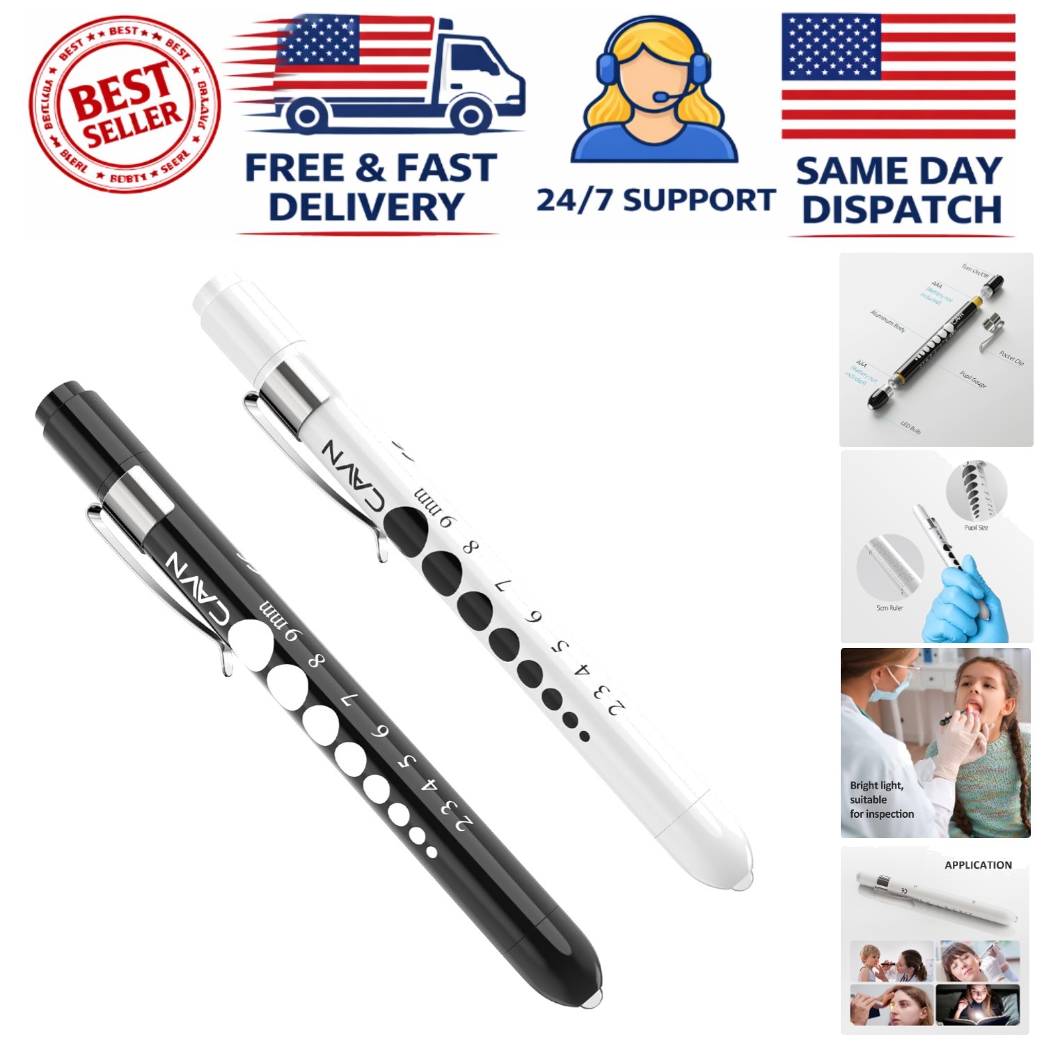 Compact 2 Pcs Reusable LED Penlights with Pupil Gauge for Nursing & Medical Use