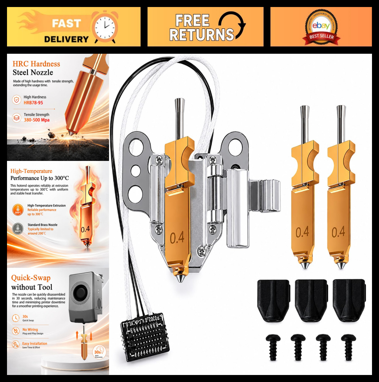 3PK 0.4MM Nozzle Hardened Steel Kit & Hotend Heating Assembly | High-Speed 600mm
