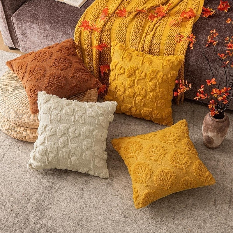 Embroidered Ginkgo Leaf Faux Fur Pillow Covers Set Soft Washable Decor New