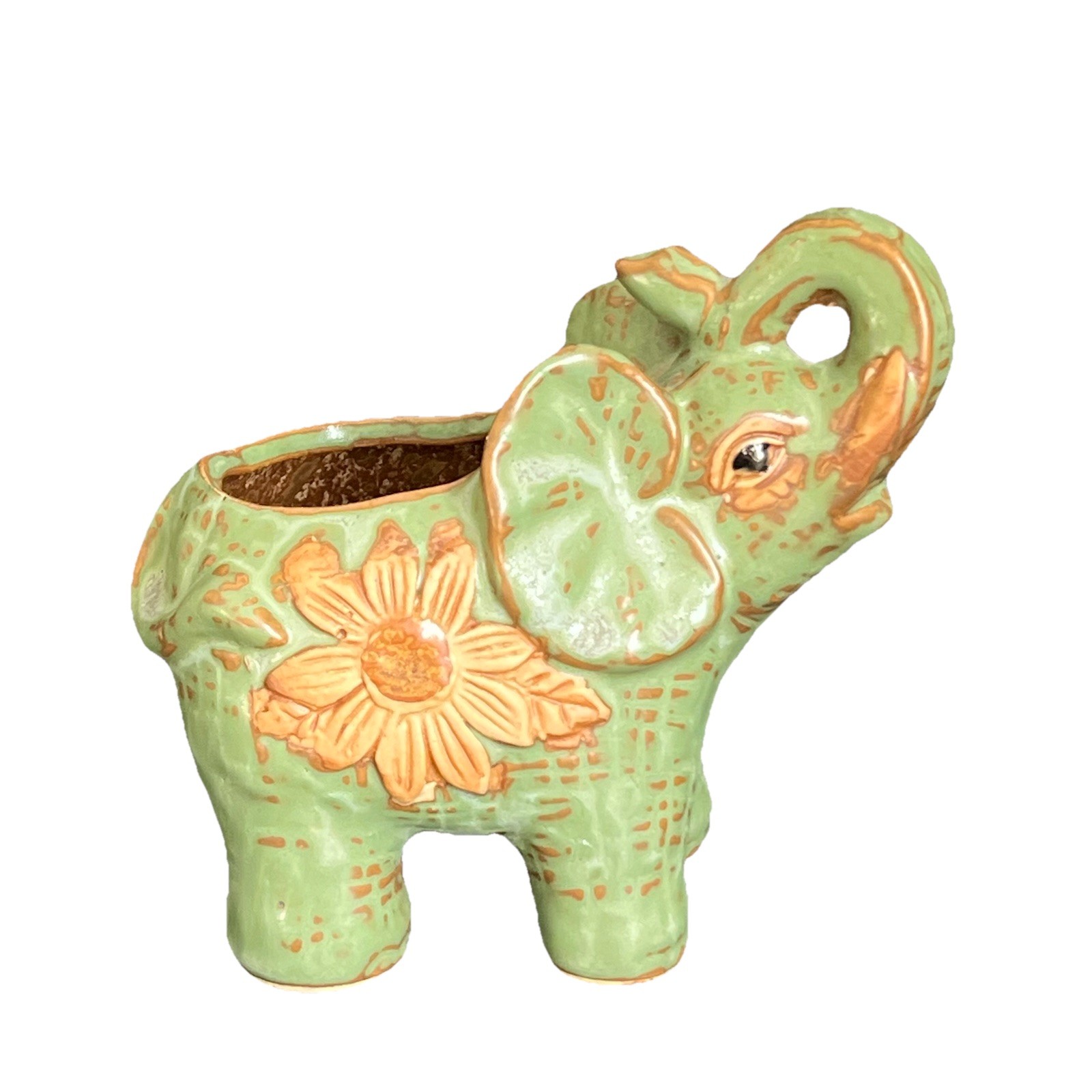 Small Green Ceramic Elephant Shaped Succulent Planter Daisy Flower Trunk Up