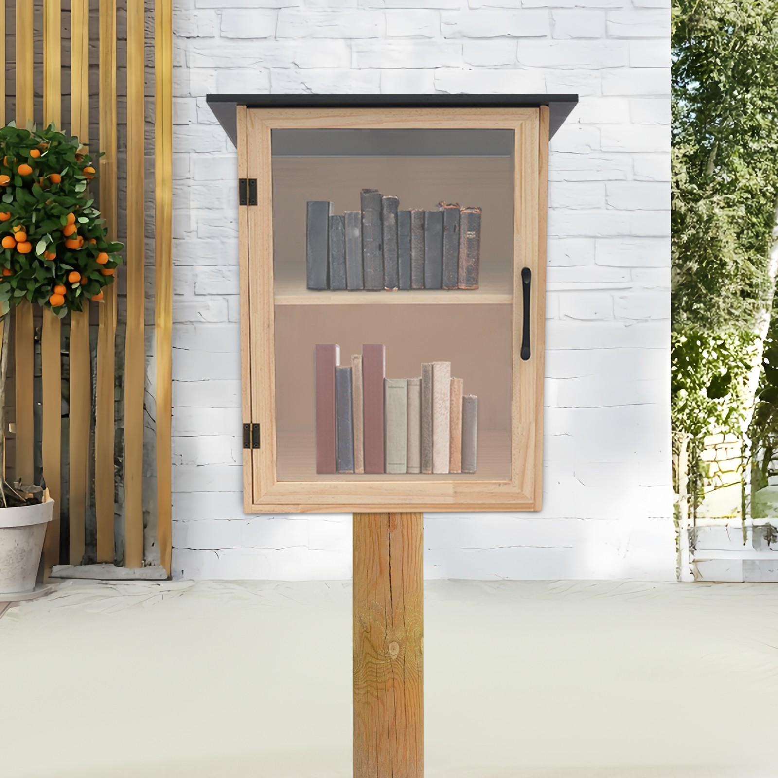 2-Tier Books Storage Box Newspapers Organizer Little Library Cabinet for Sharing