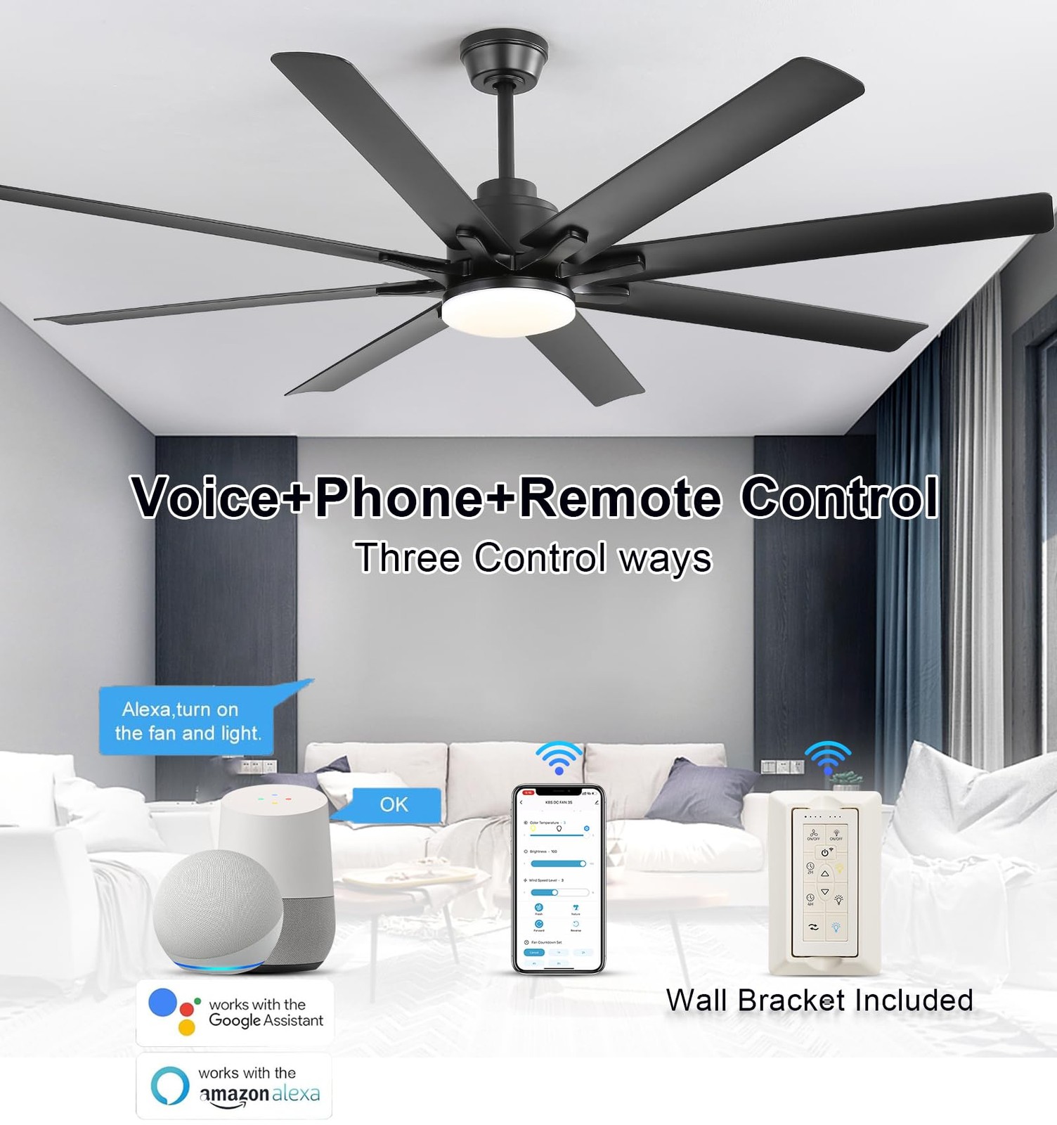 Sofucor 66" Smart Ceiling Fans with Lights,Indoor/Outdoor Ceiling Fan with Light
