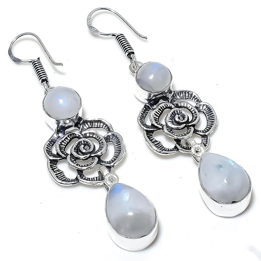 Rainbow Moonstone Gemstone Handmade 925 Sterling Silver Jewelry Earring Sz 2.4"