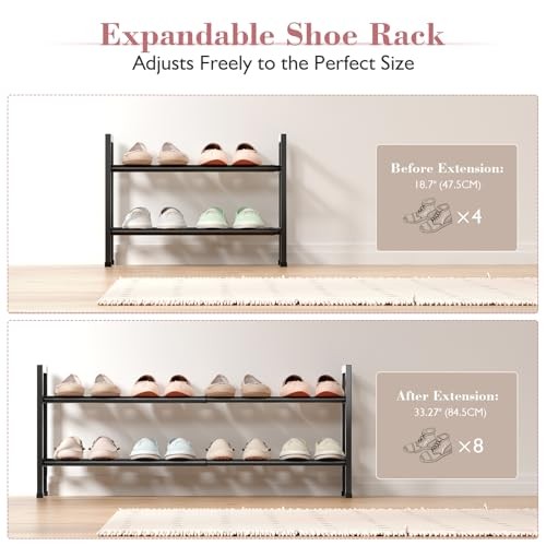 2 Tier Expandable Shoe Rack for Closet, 18“-33” Adjustable Shoe 2-Tier Black