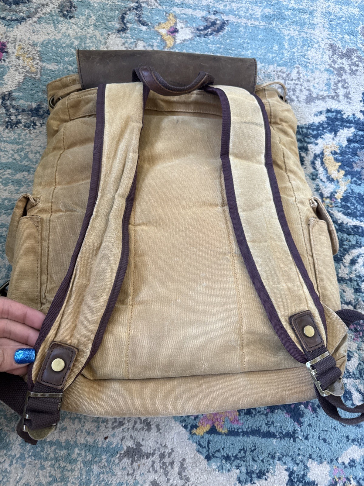 Kattee Brown Canvas Leather Hiking Backpack Buckle Closure Adjustable Straps Y2K