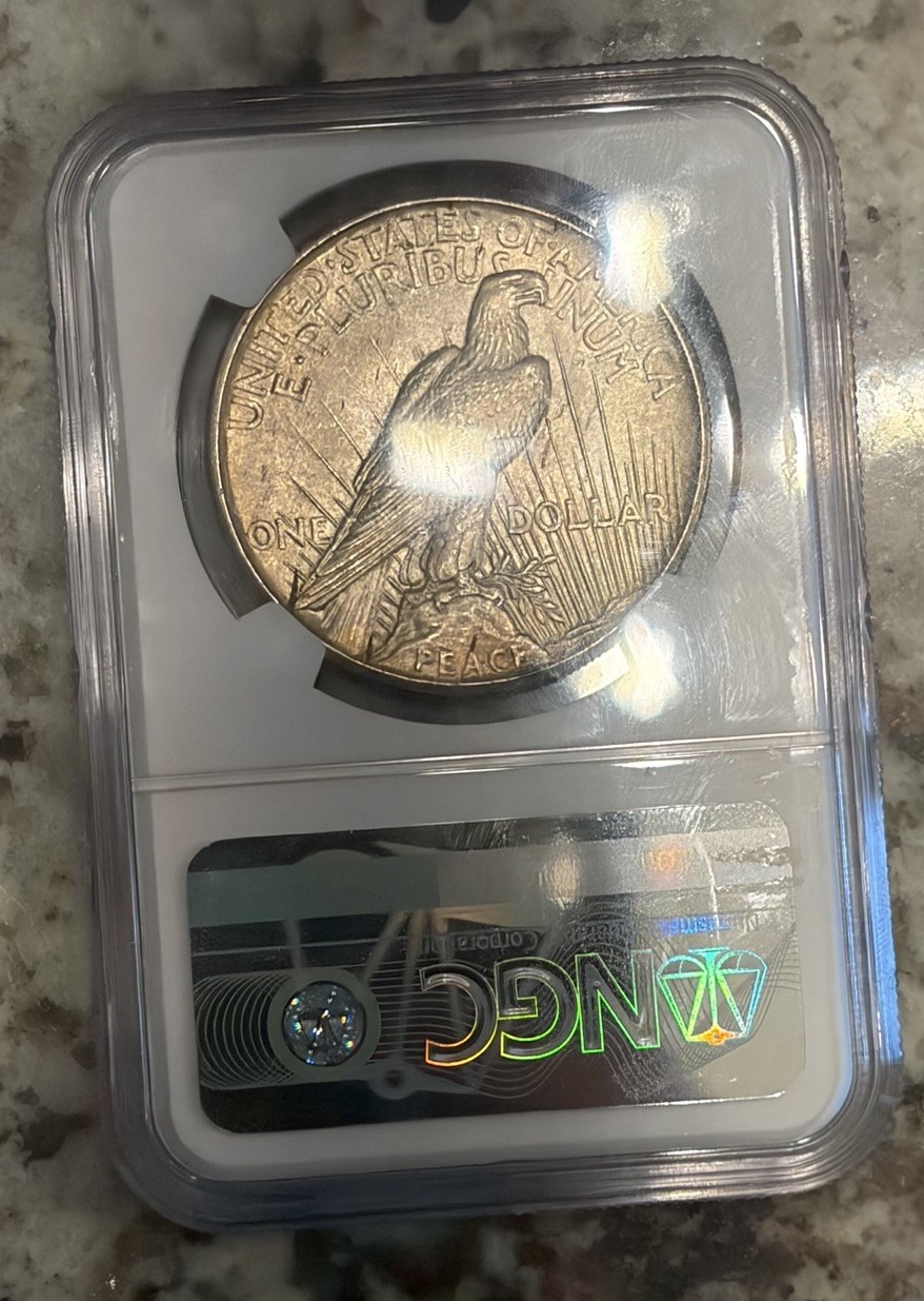 1921 High Relief Peace Dollar Ms64 Toned , Slab Has Chip