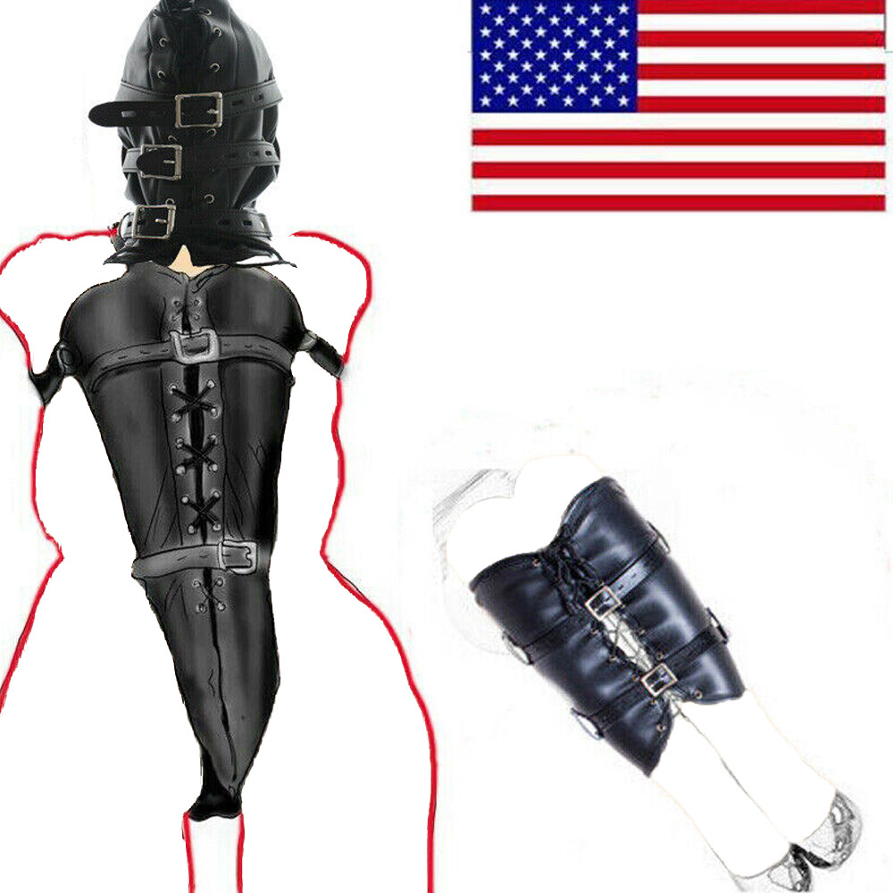 PU Leather Bondage Arm Leg Binder Behind Back Lockable Hood Mask BDSM