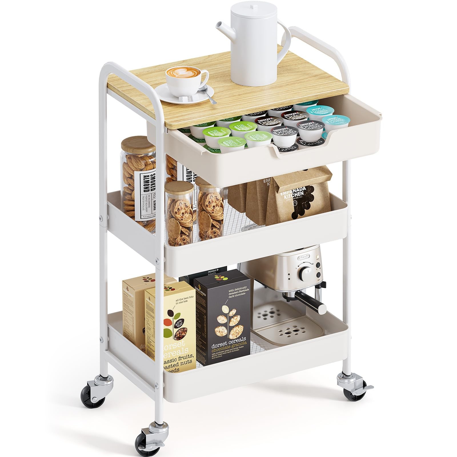 3-Tier Metal Utility Rolling Cart with Drawer and Wooden Table Top, Storage C...