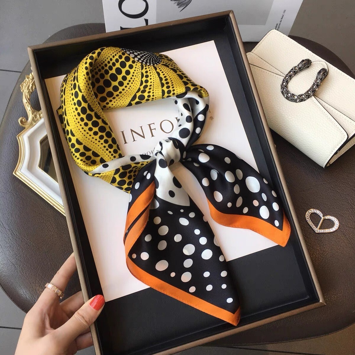 100% Silk Scarf Women Fashion Pumpkin Polka Dots Kerchief Square Bandana Wrap 68