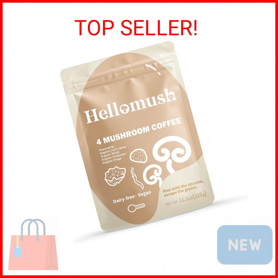 Hellomush Organic Instant Mushroom Coffee with Lions Mane, Reishi, Chaga and Cor