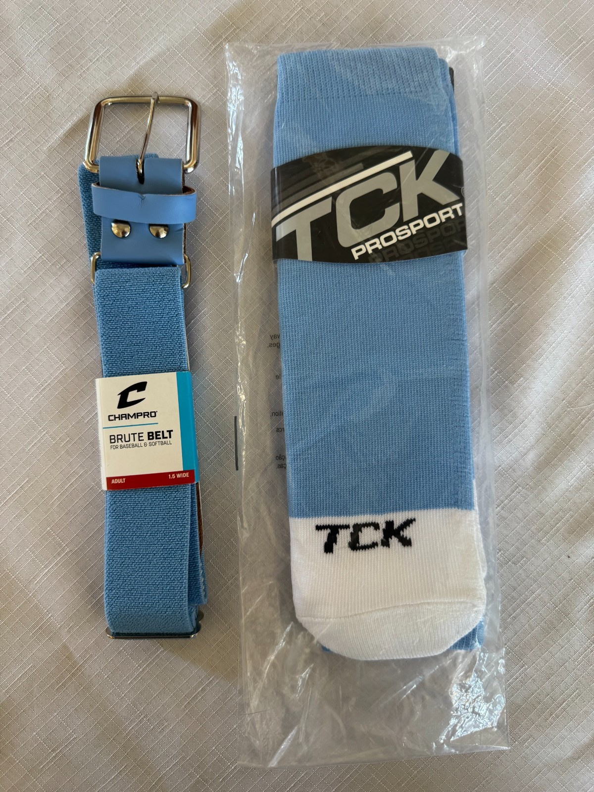 TCK PROSPORT SOFTBALL SOCKS AND CHAMPRO BELT COMBO SET COLUMBIA BLUE BRAND NEW