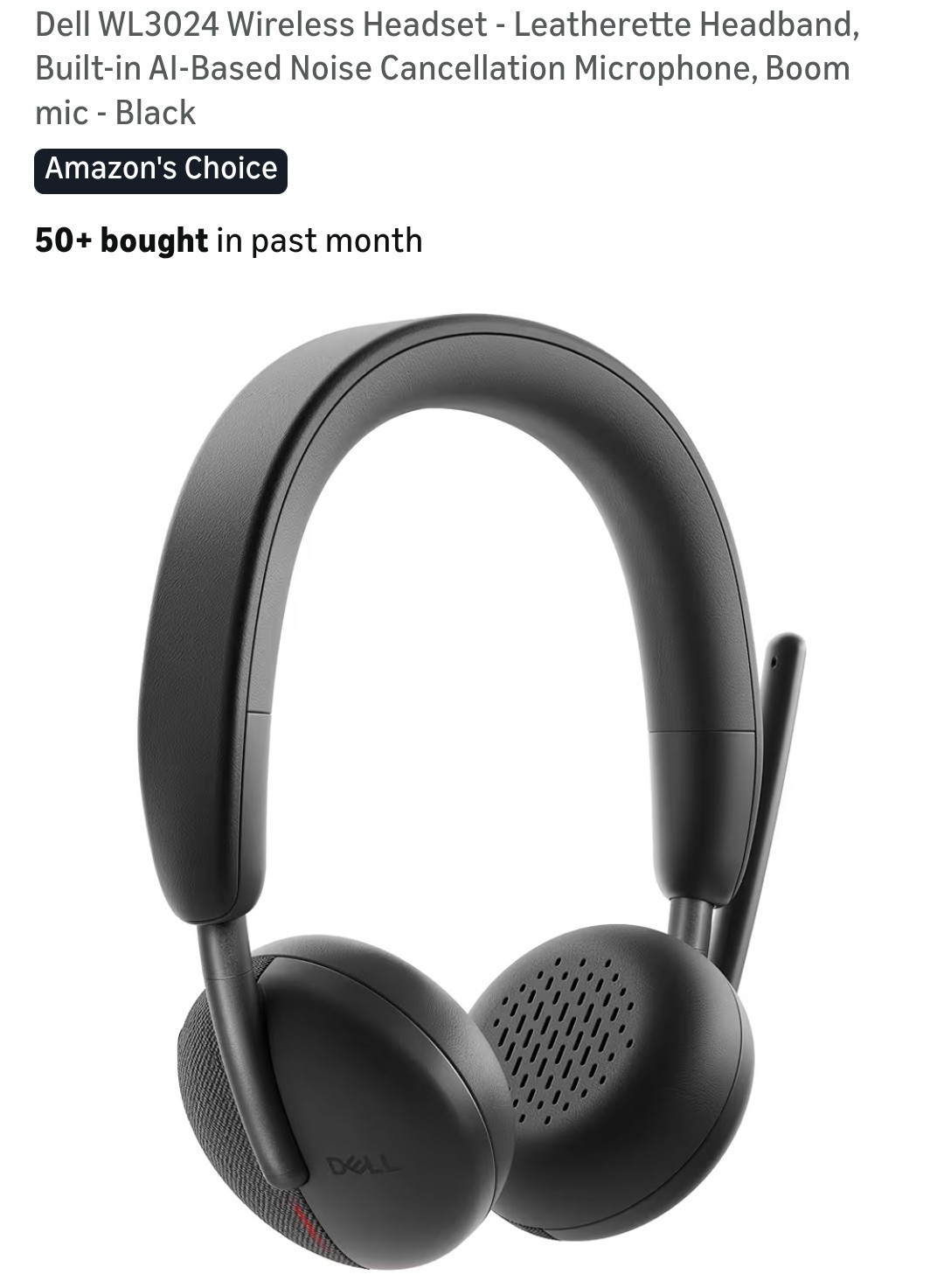 Dell WL3024 Wireless Headset Built-in AI-Based Noise Cancellation Boom Mic Black