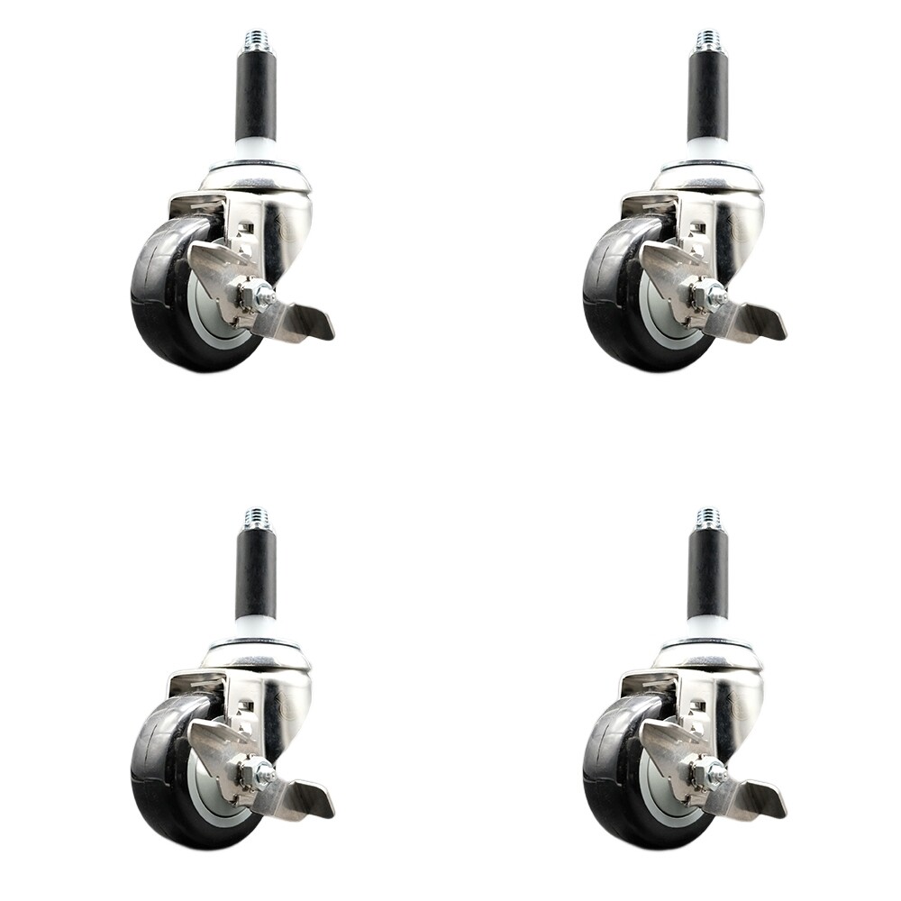 3.5 Inch 316SS Black Poly Swivel 3/4 Inch Expanding Stem Caster Set Brake SCC