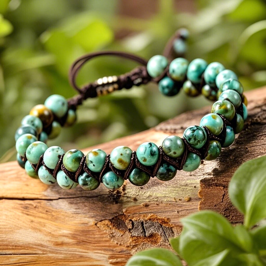 Handmade African Turquoise Double Braided  Bracelet - 6mm Crystal Gemstone Bead