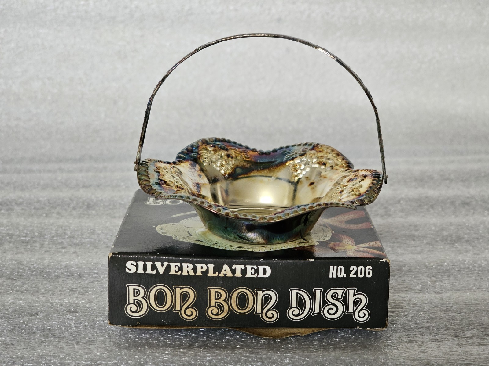 Bon Bon Dish Silverplated with Handle, Box, Vintage No. 206, Blue/Green Tarnish