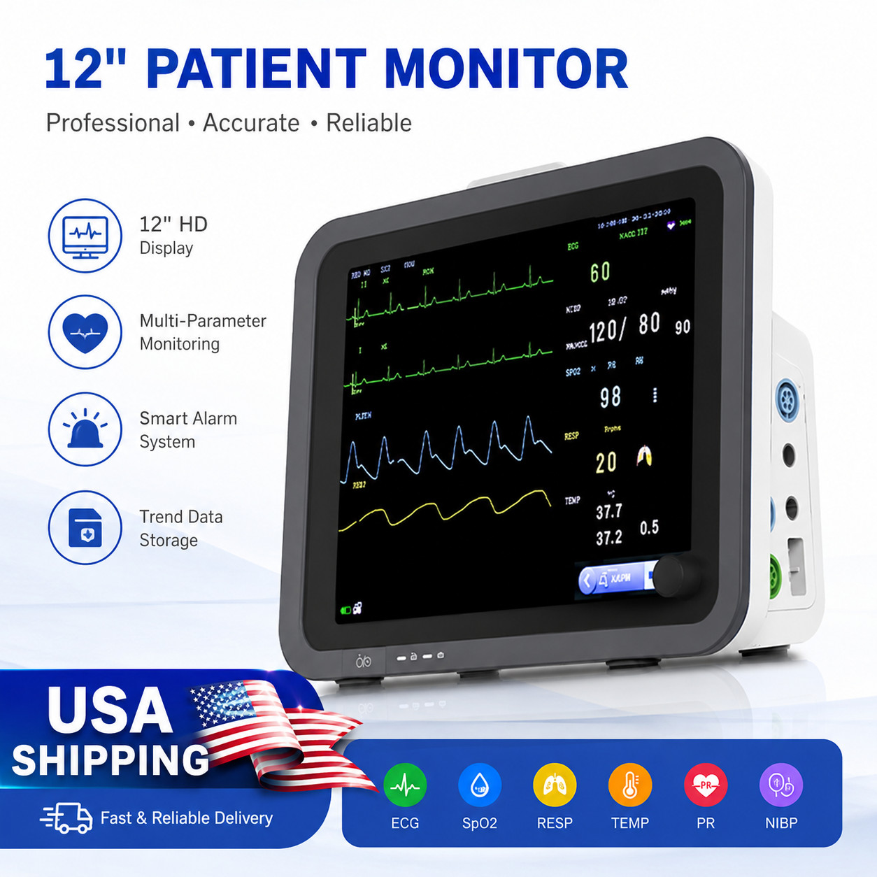 Vital Signs Monitor Patient Monitor Multi-Parameter ECG/NIBP/TEMP/RESP/SPO2/PR