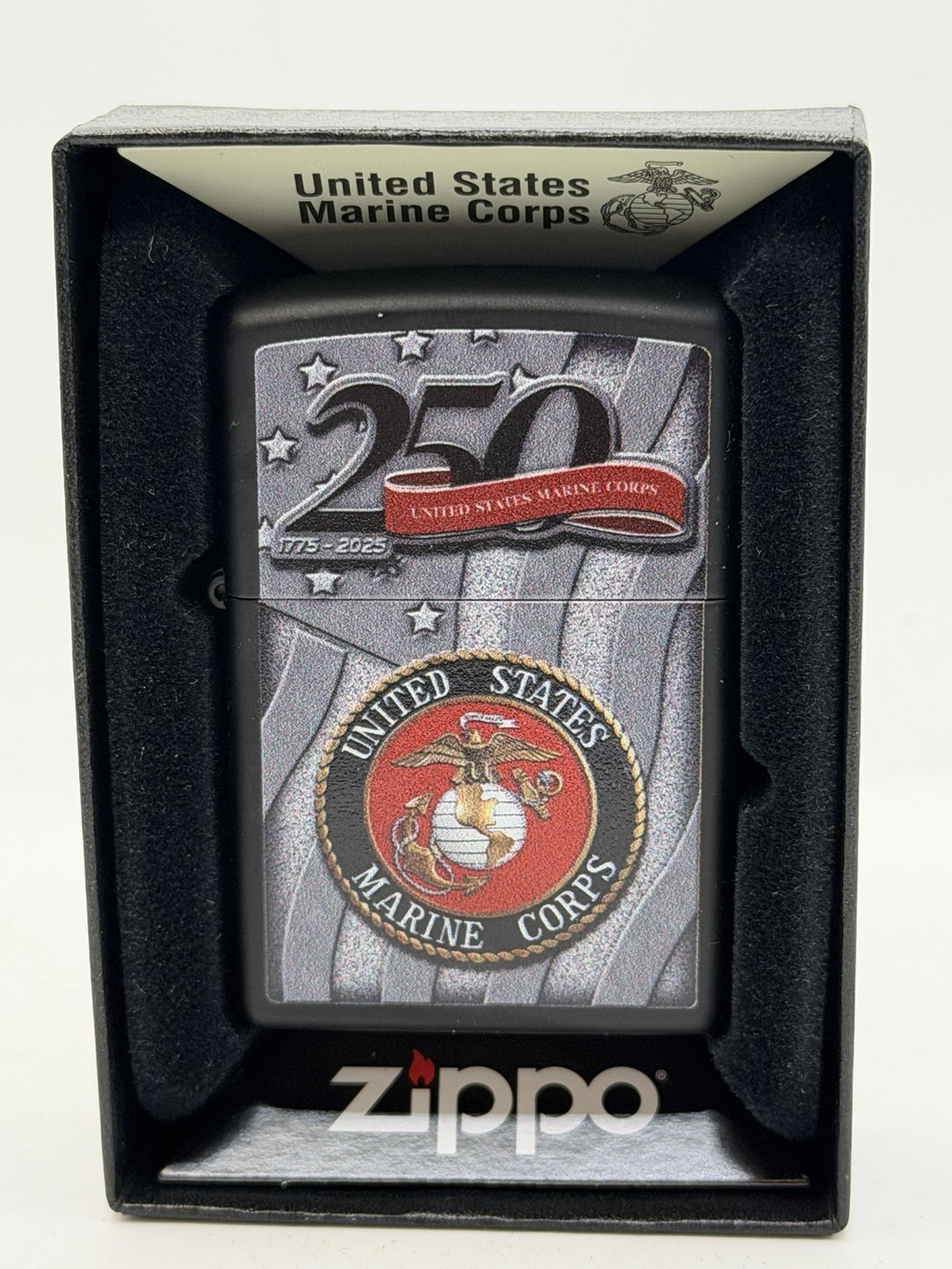 2025 United States Marines USMC 250th Black Matte Zippo Lighter New