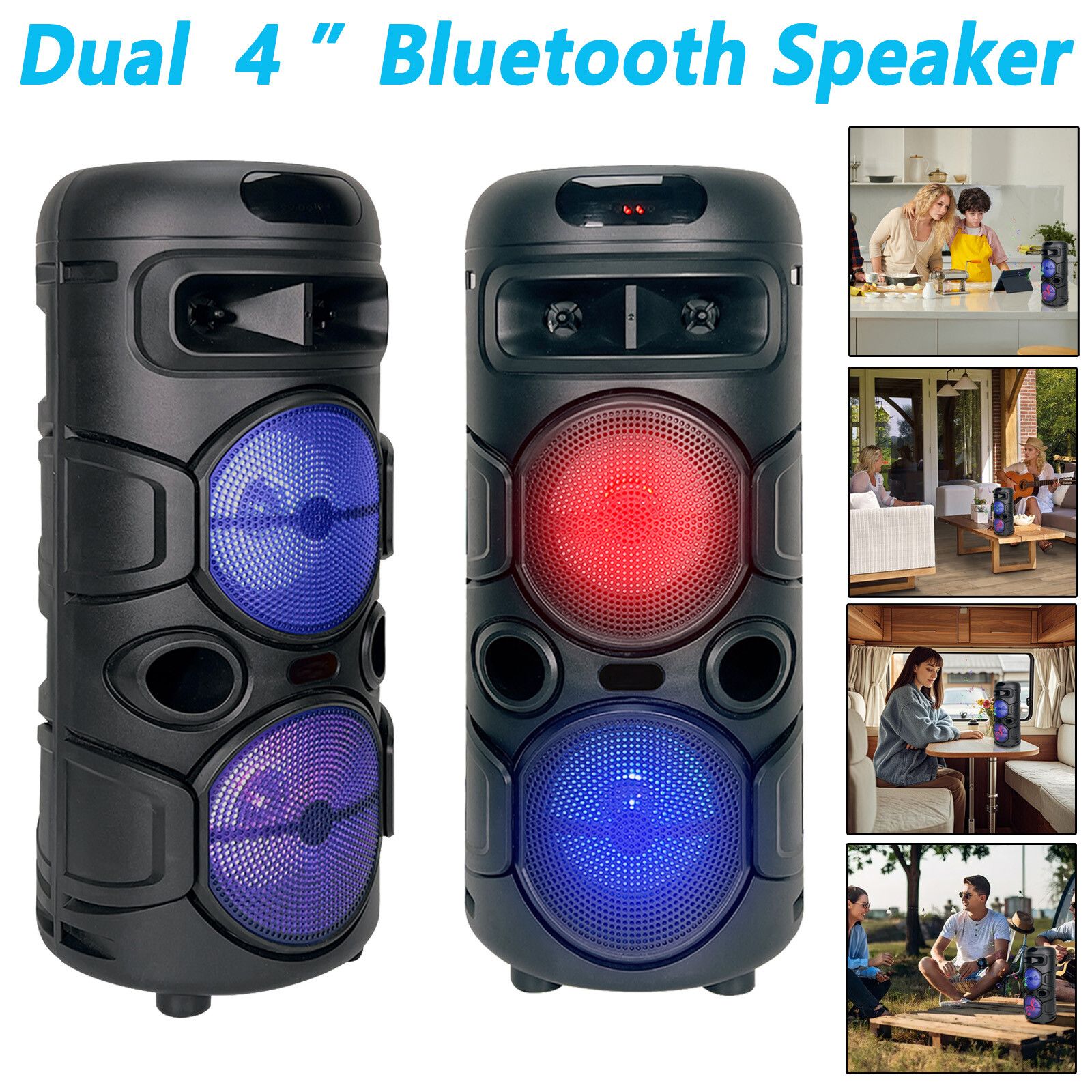 Bluetooth Speaker Dual 4" Portable Sub woofer Heavy Bass Sound System BT/AUX/TWS