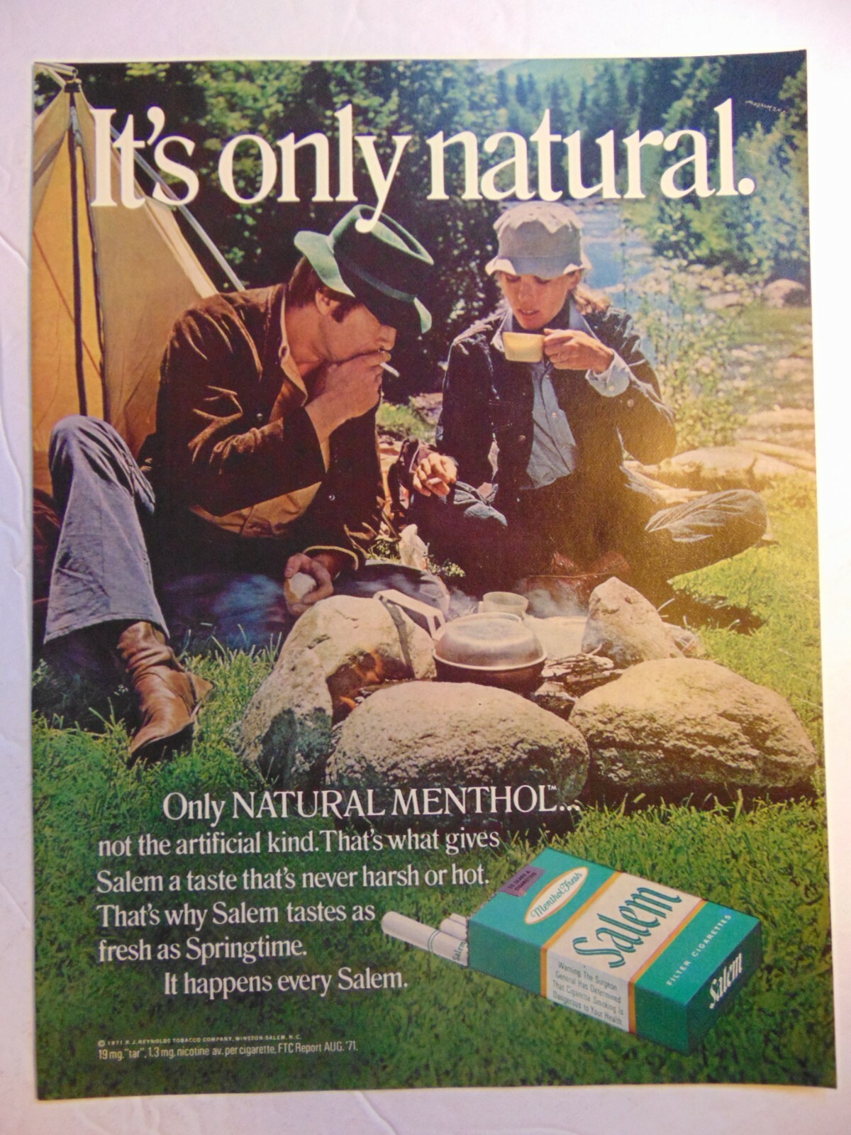 1972 SALEM CIGARETTES Natural Menthol Couple Camping vintage art print ad