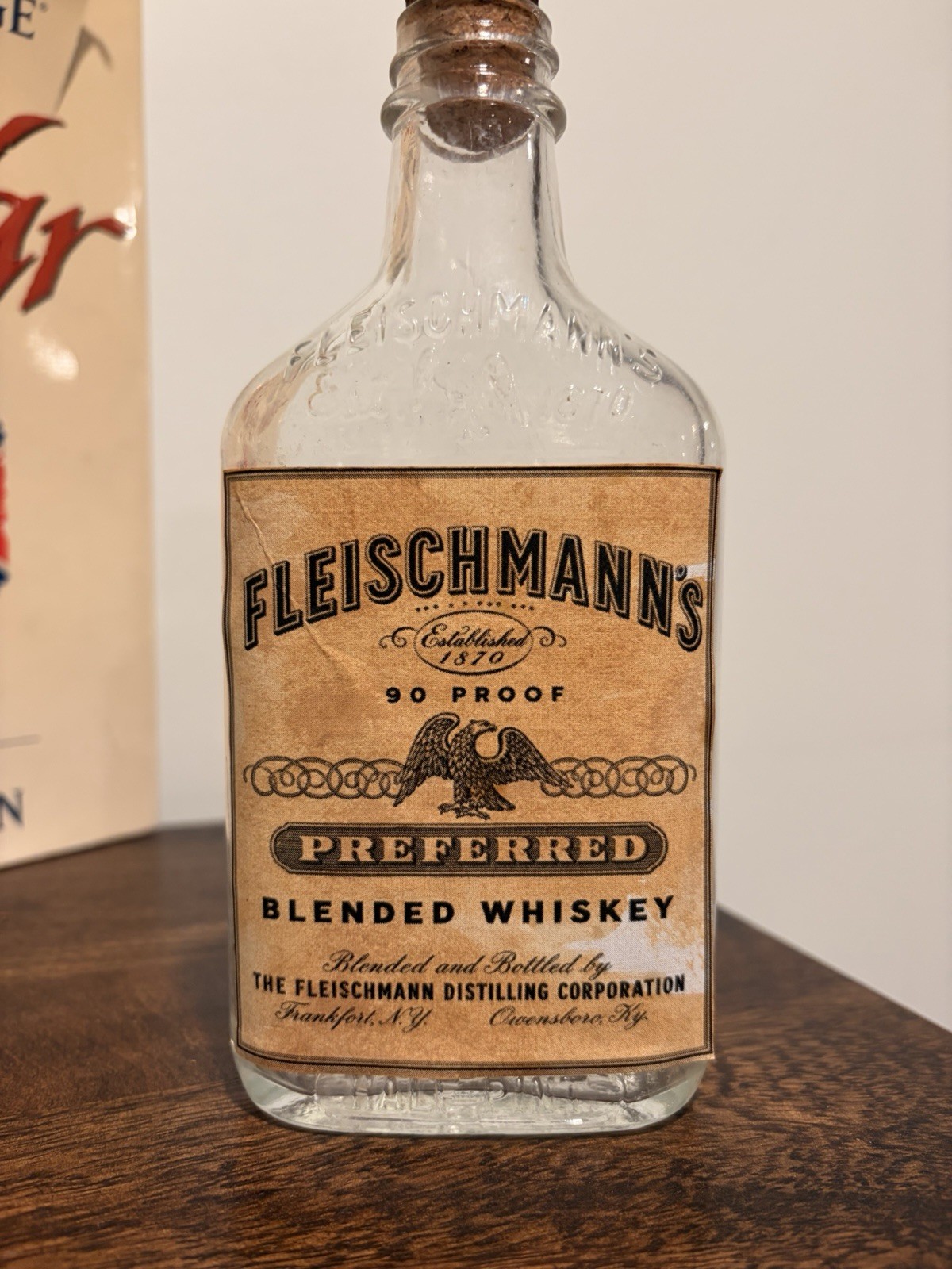 Vintage Embossed Clear Fleischmanns Whiskey Flask With Label