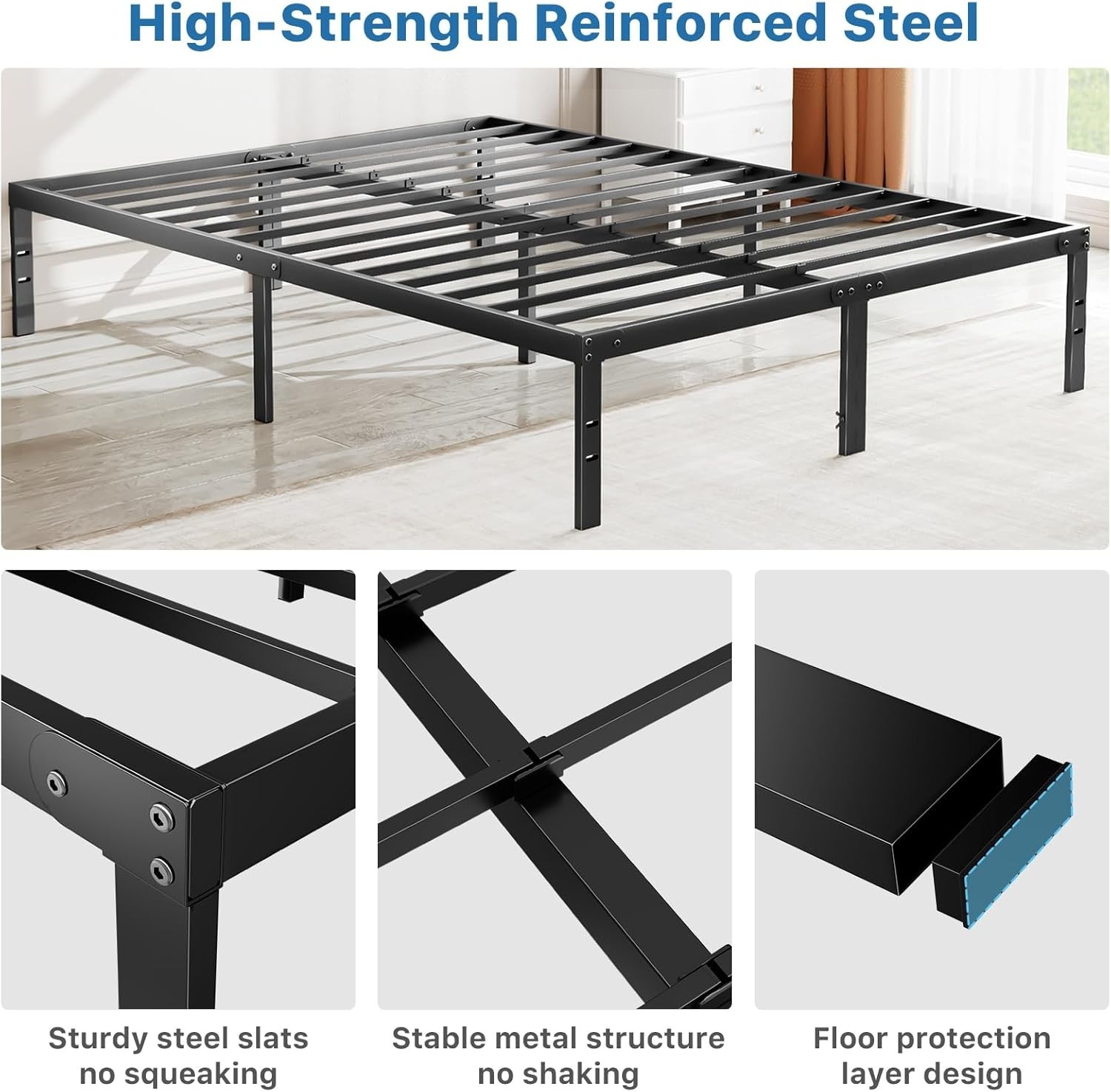 Heavy Duty Metal Queen Bed Frame with Under-Bed Storage, No Box Spring Needed...
