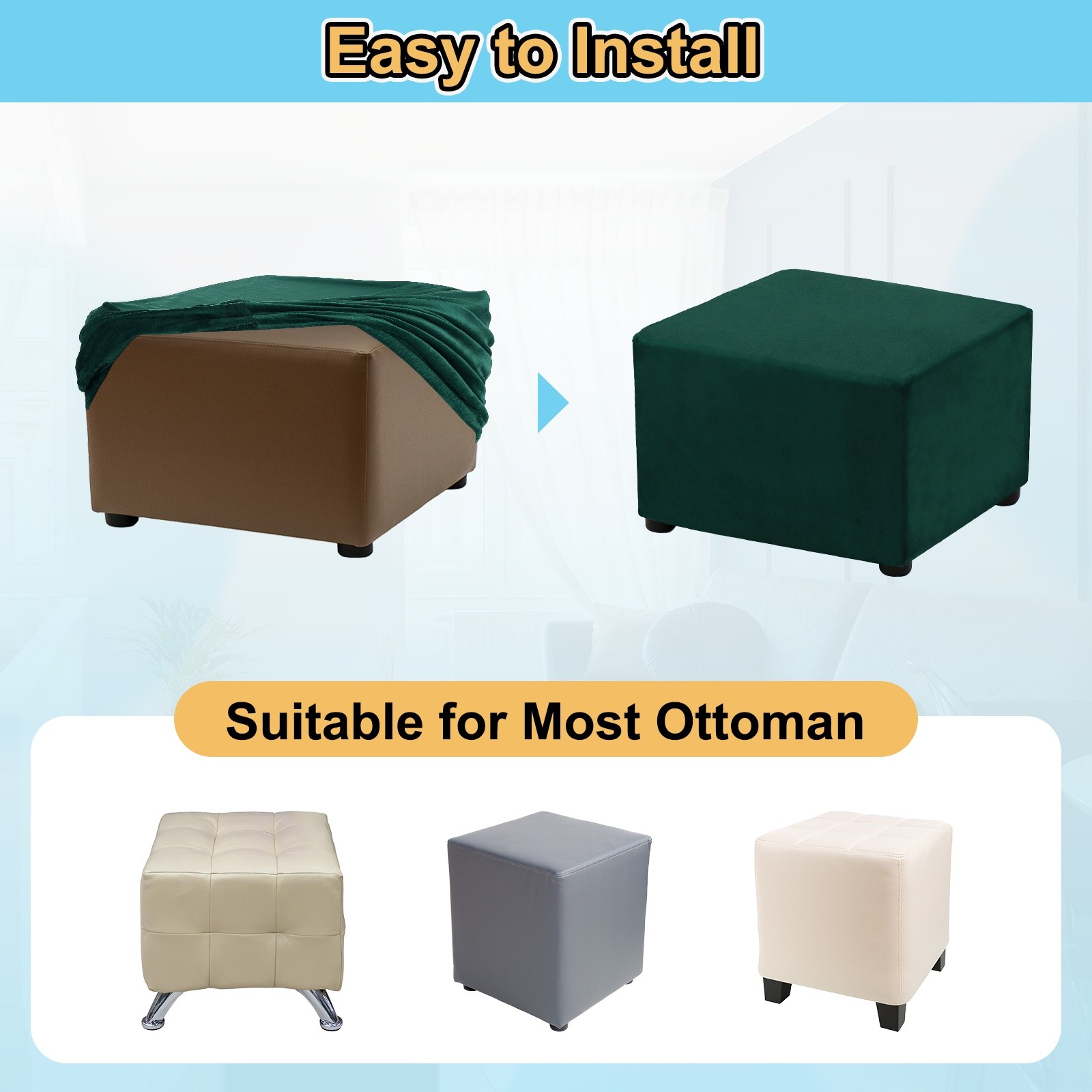 Square Stretch Foot Stool Cover Fit Length 35"-44", Dark Green