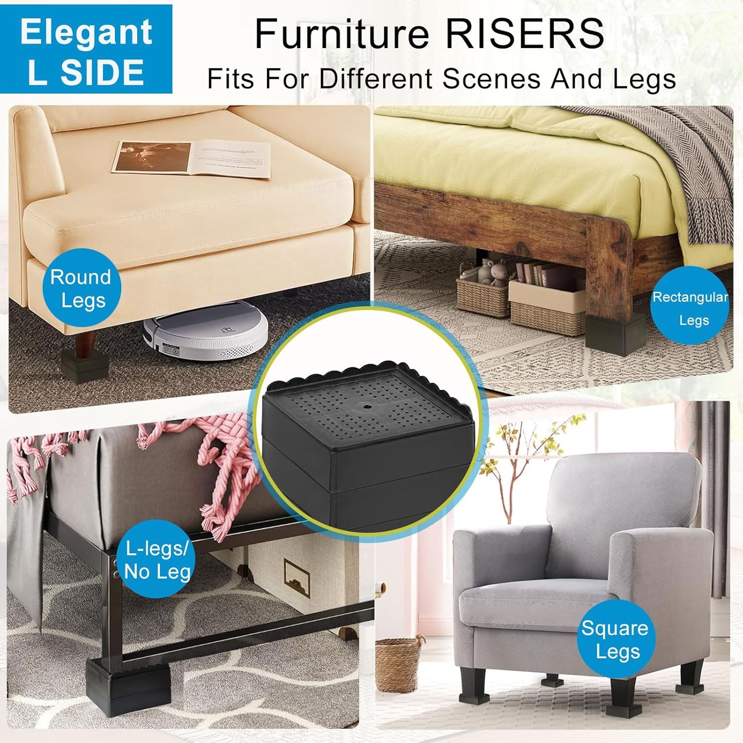 Adjustable Bed Risers 1" Stackable Furniture Lift Blocks | Heavy Duty 4-Pack