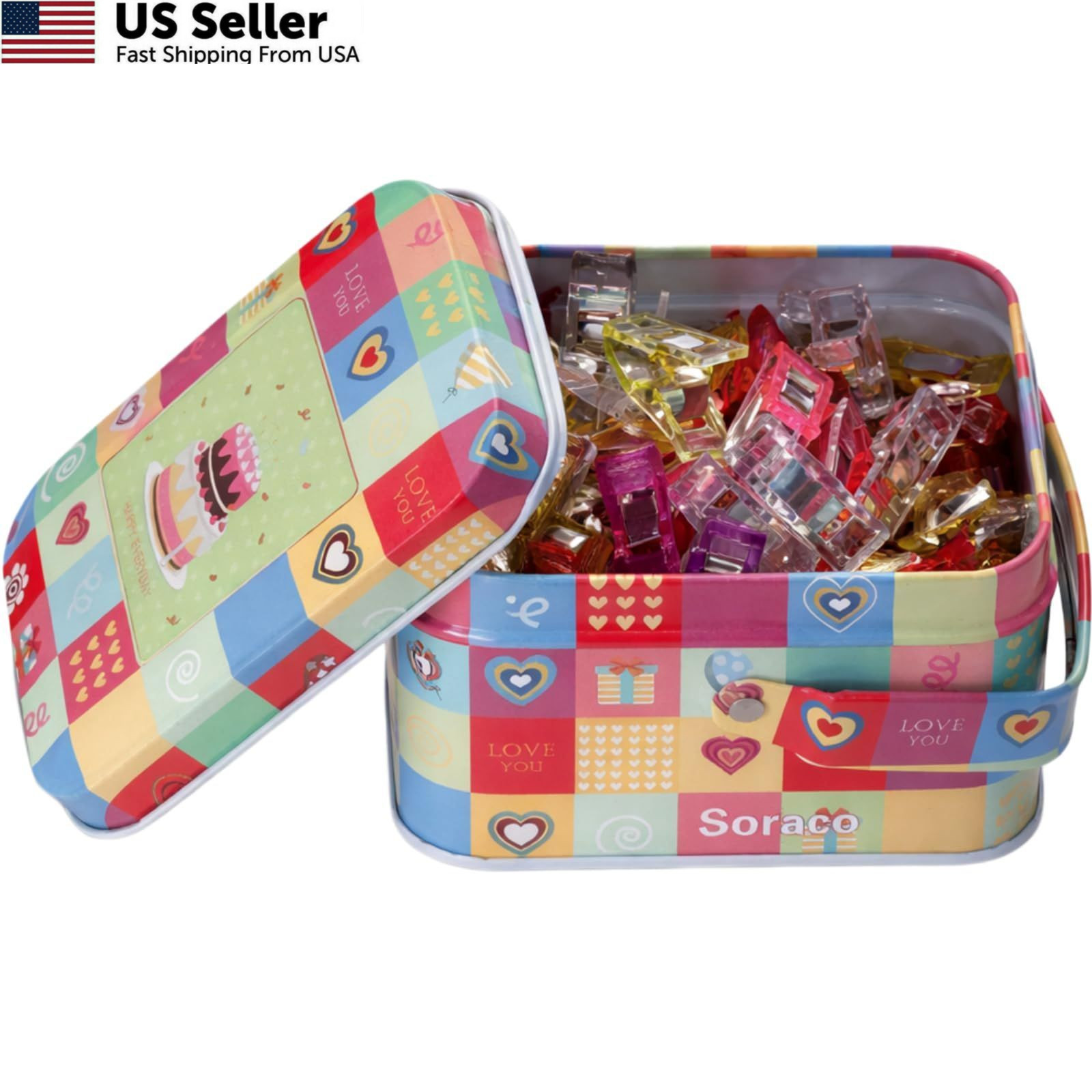 Sewing Clips with Tin Box, 100 Pcs Assorted 2.5x0.8x1.3 Centimeters,