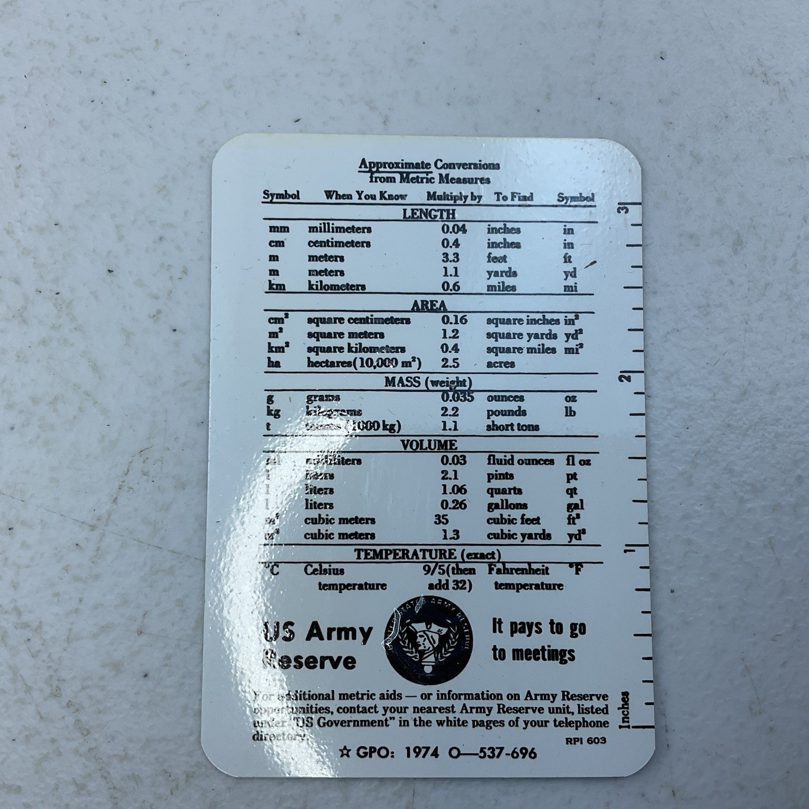 US Army Reserve Conversion Card 1974 O-537-696