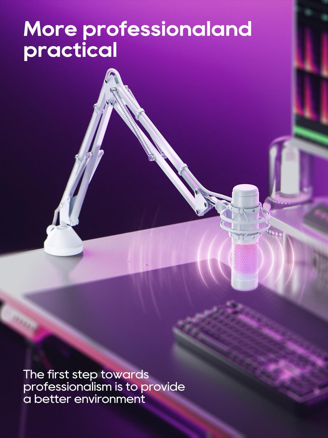 White Boom Arm Mic Stand Foldable Desk Mount for Podcast Recording Adjustable