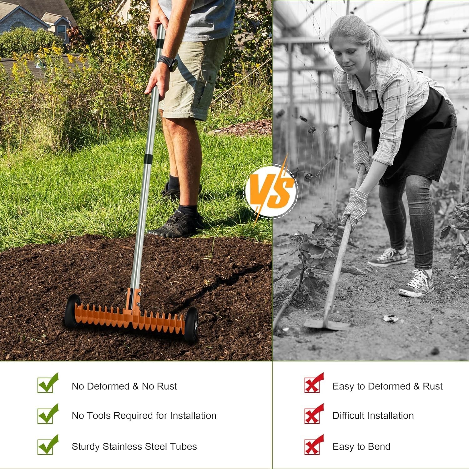 15Inch Thatch Rake, Adjustable HeavyDuty Dethatcher for Lawn Care