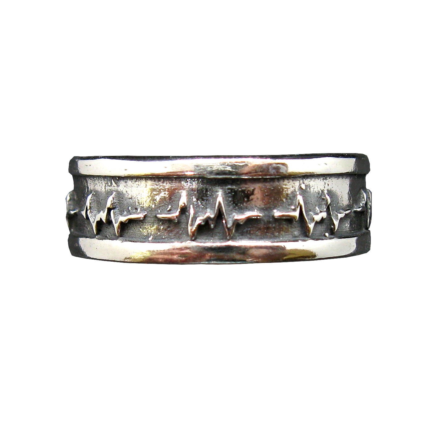 925 Silver Ring Band Handmade Cardiogram Pattern Width 8mm Size 46-75