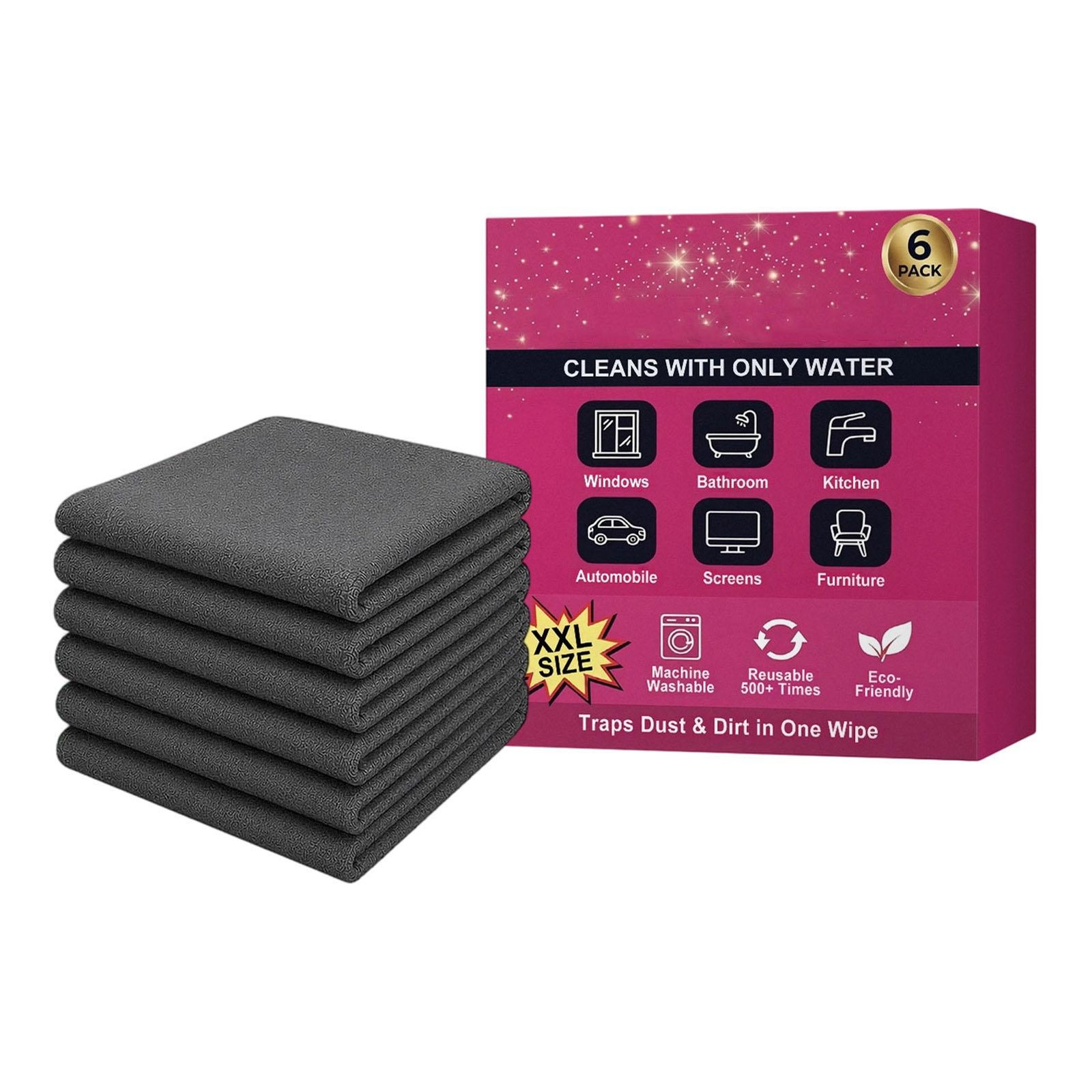 Genie Magic Cleaning Cloth 6-Pack,Microfiber Cleaning Cloths Reusable