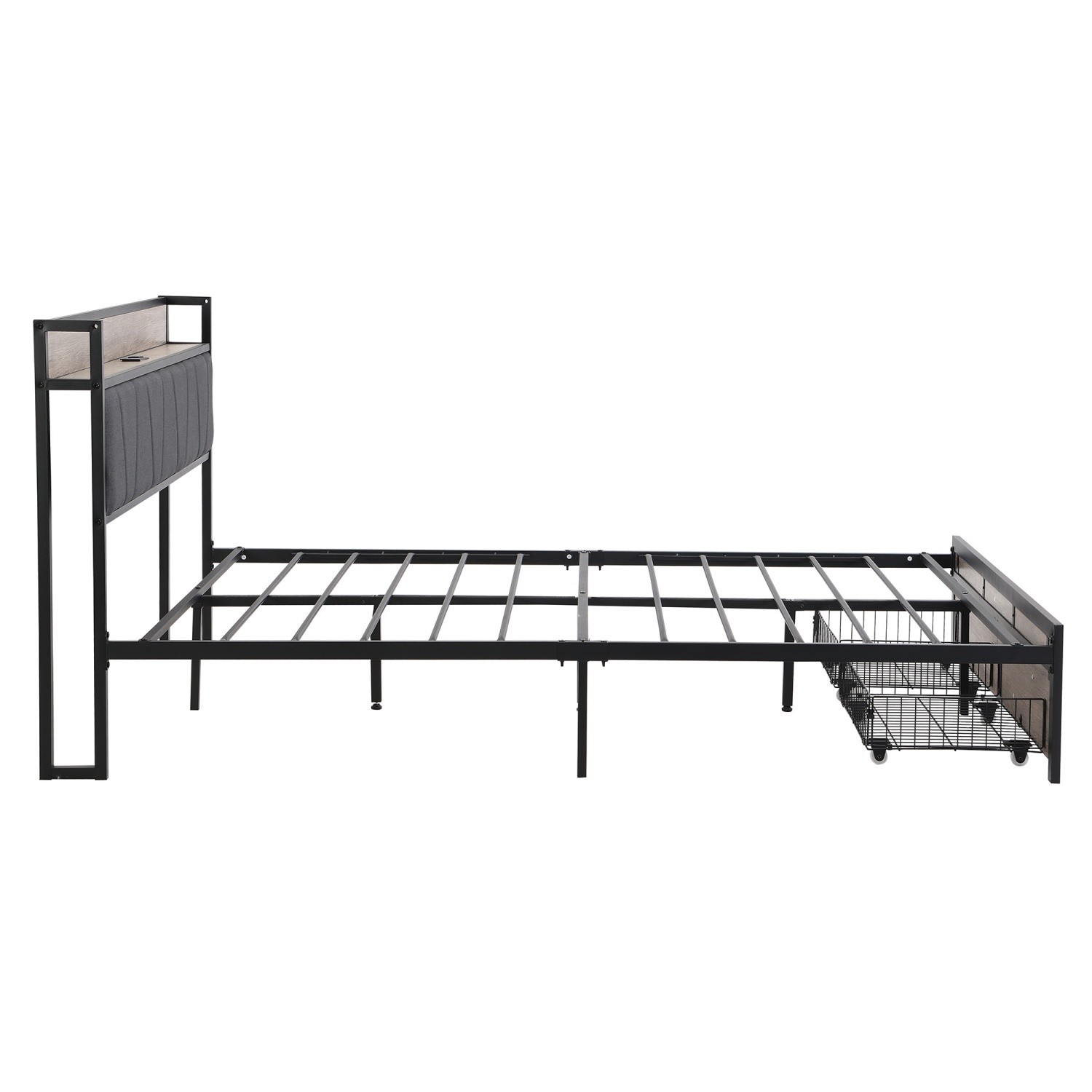 Full Size Bed Frame with Upholstered Headboard Metal Platform Bed w/ 2 Drawers