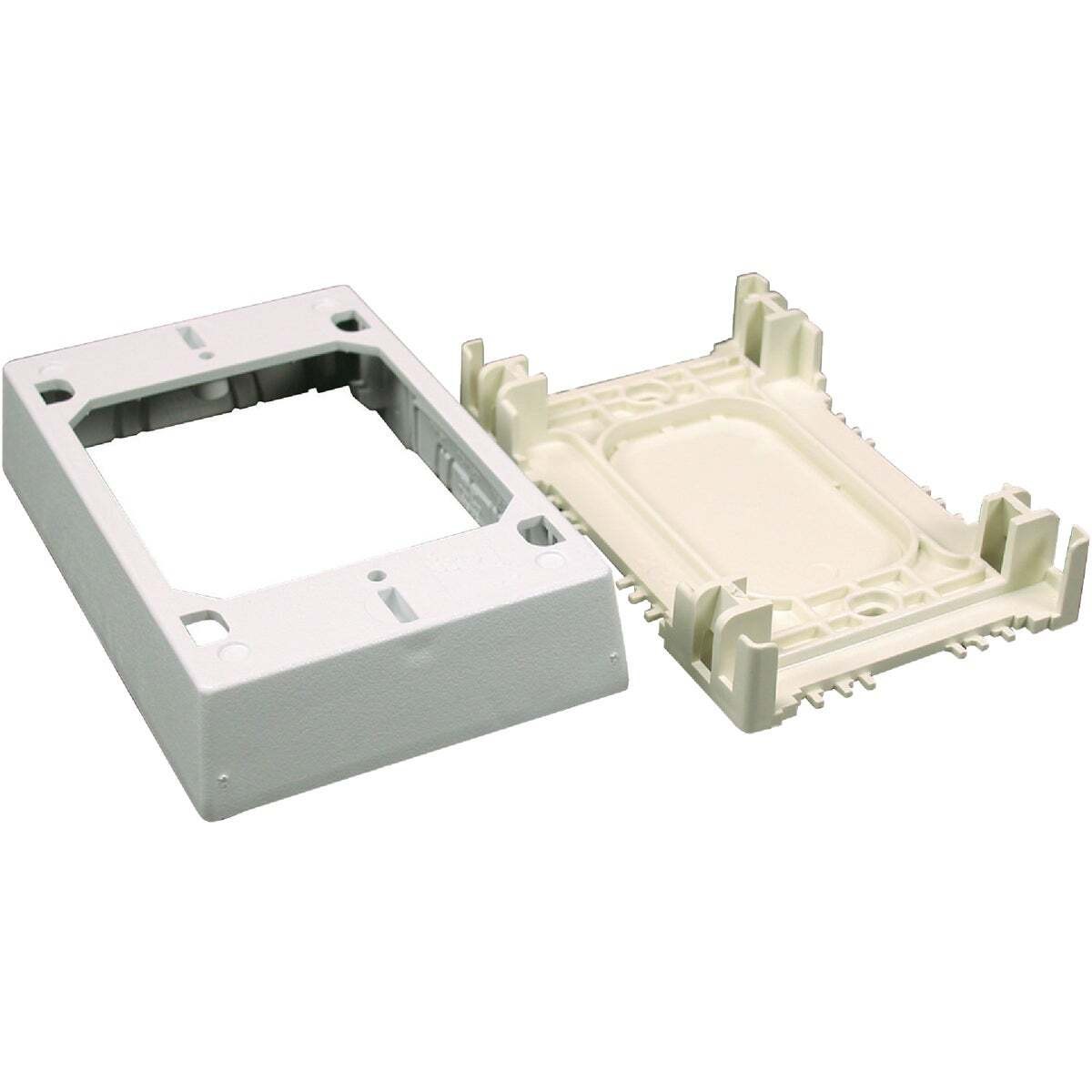 NMW Outlet Box, 1 -Gang, 0 -Knockout, Plastic, White, Wall Mounting