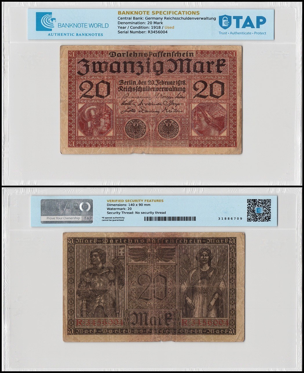 Germany 20 Mark, 1918, P-57, Used, TAP Authenticated